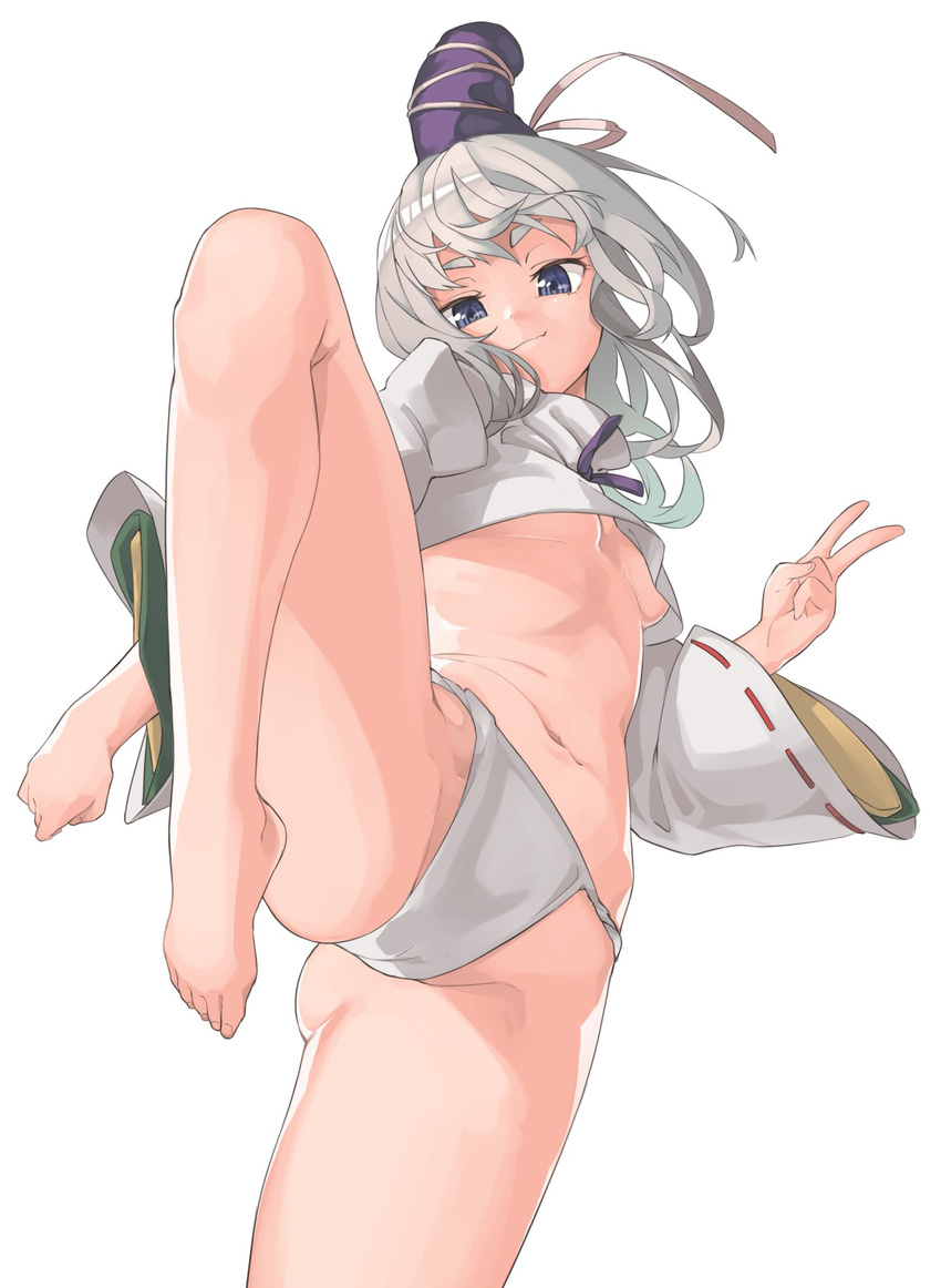 &gt;:) ass bangs bare_legs barefoot belly blue_eyes breasts cameltoe closed_mouth commentary_request eyebrows feet fundoshi hat highres japanese_clothes knee_up long_sleeves looking_at_viewer mononobe_no_futo muchi_maro navel no_pants ribbon-trimmed_sleeves ribbon_trim sidelocks small_breasts smile smug solo stomach tate_eboshi thick_eyebrows touhou underboob upshirt v v-shaped_eyebrows white_hair wide_sleeves