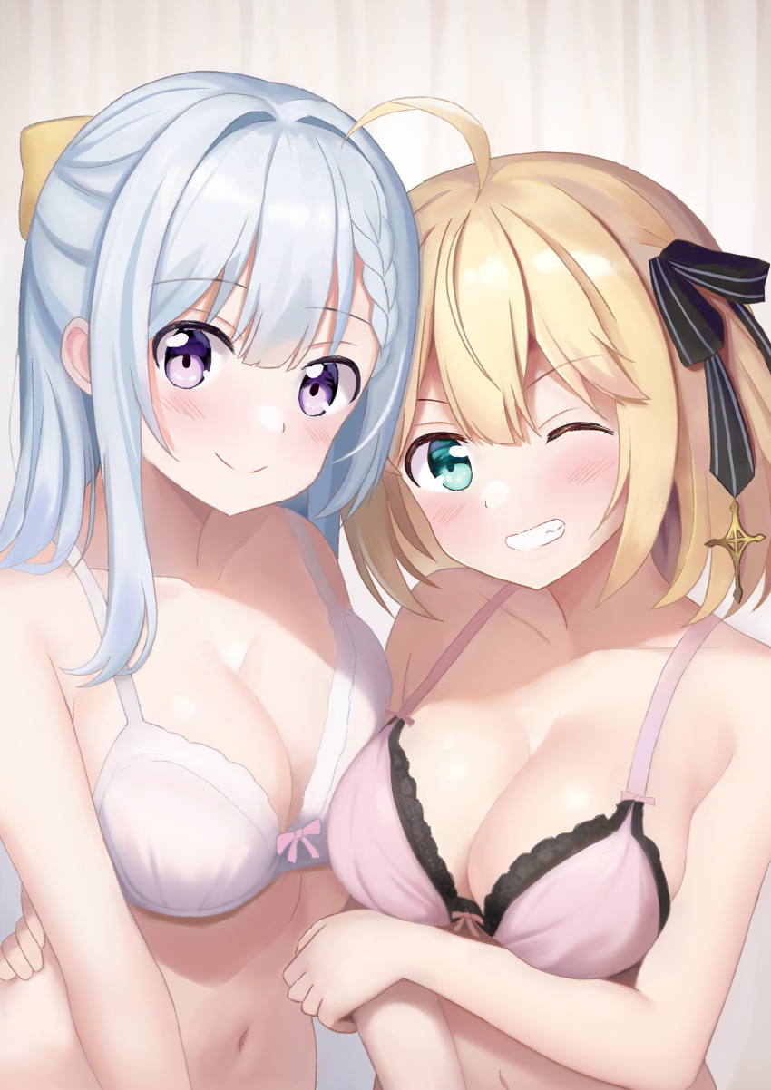 2girls absurdres ahoge anisphia_wynn_palettia arm_around_waist blonde_hair blush bow bra braid braided_bangs breast_press breasts euphyllia_magenta green_eyes grey_hair grin hair_bow hair_ribbon highres hoshimitooni lace-trimmed_bra lace_trim large_breasts long_hair looking_at_viewer multiple_girls navel one_eye_closed purple_eyes ribbon short_hair smile symmetrical_docking tensei_oujo_to_tensai_reijou_no_mahou_kakumei underwear upper_body