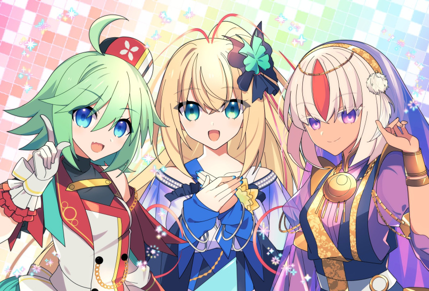 3girls antenna_hair azure_striker_gunvolt azure_striker_gunvolt_2 azure_striker_gunvolt_3 bare_shoulders blonde_hair blue_eyes blue_nails dress green_eyes green_hair hair_ribbon highres idol lololotton long_hair looking_at_viewer lumen_(gunvolt) luxia multicolored_hair multiple_girls orange_hair pink_hair purple_eyes red_hair ribbon roro_(gunvolt) short_hair veil white_dress