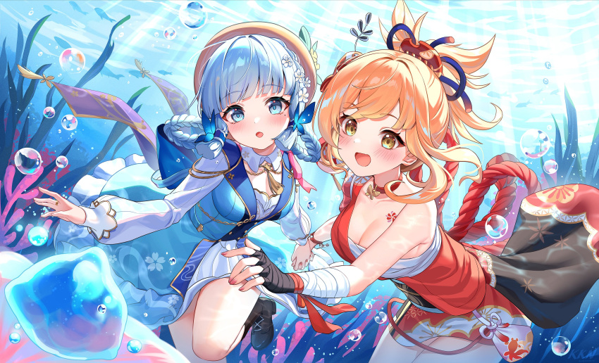 2girls absurdres arm_tattoo bandages blonde_hair blue_dress blue_eyes blue_hair blush breasts butterfly_hair_ornament chest_tattoo choker dress flower genshin_impact gloves hair_flower hair_ornament hat highres japanese_clothes kamisato_ayaka kamisato_ayaka_(springbloom_missive) kimono lalazyt light_blue_hair long_sleeves looking_at_viewer mole mole_under_eye multiple_girls official_alternate_costume official_alternate_hairstyle open_mouth orange_kimono ponytail sarashi smile tattoo underwater yellow_eyes yoimiya_(genshin_impact)