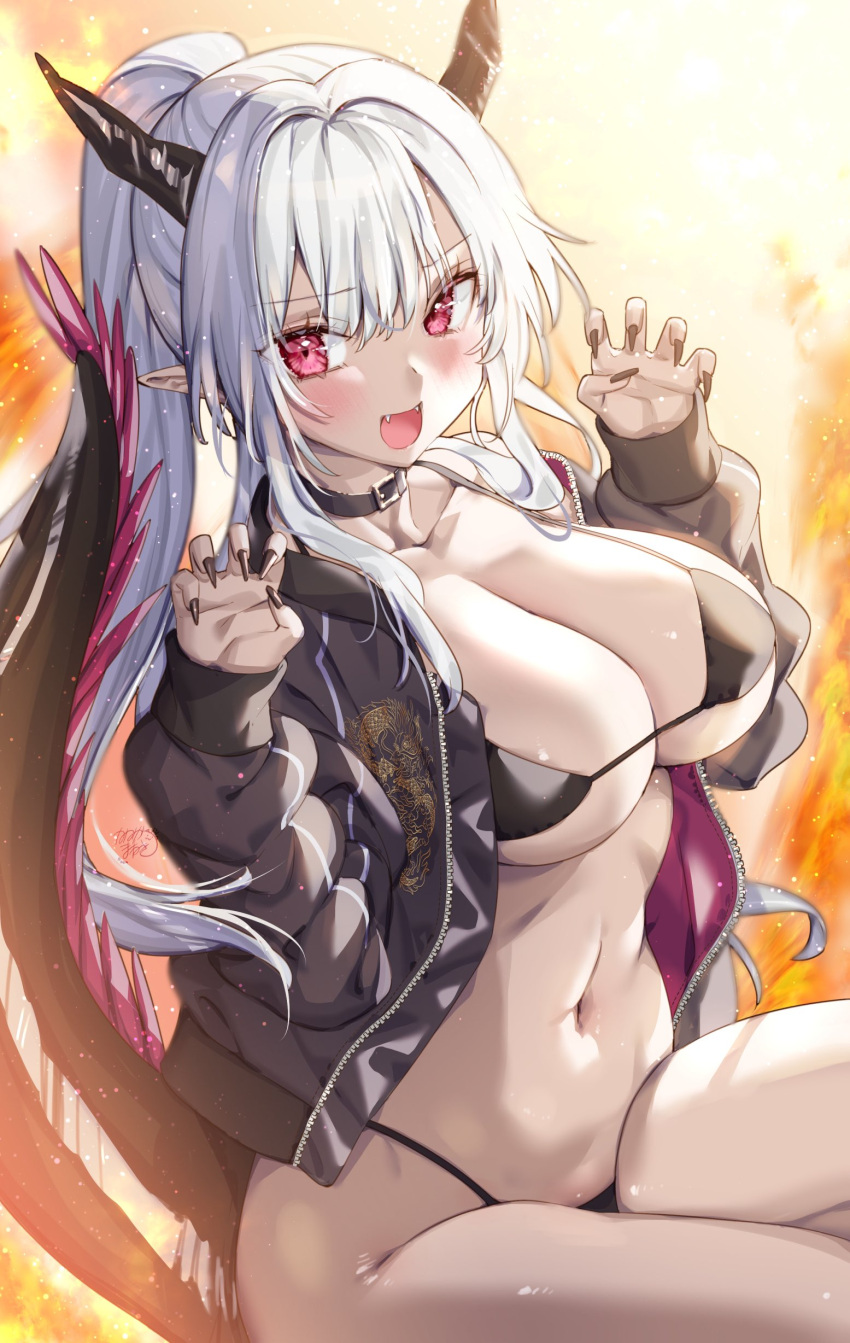 1girl absurdres bikini black_bikini black_jacket black_nails blush breasts claw_pose cleavage collarbone commentary_request dragon_girl dragon_horns dragon_tail fangs fiery_background fingernails fire highres horns jacket kamiya_maneki large_breasts light_particles long_hair long_sleeves looking_at_viewer nail_polish navel open_clothes open_jacket open_mouth original ponytail puffy_long_sleeves puffy_sleeves red_eyes sharp_fingernails sitting smile solo stomach swimsuit tail thighs white_hair
