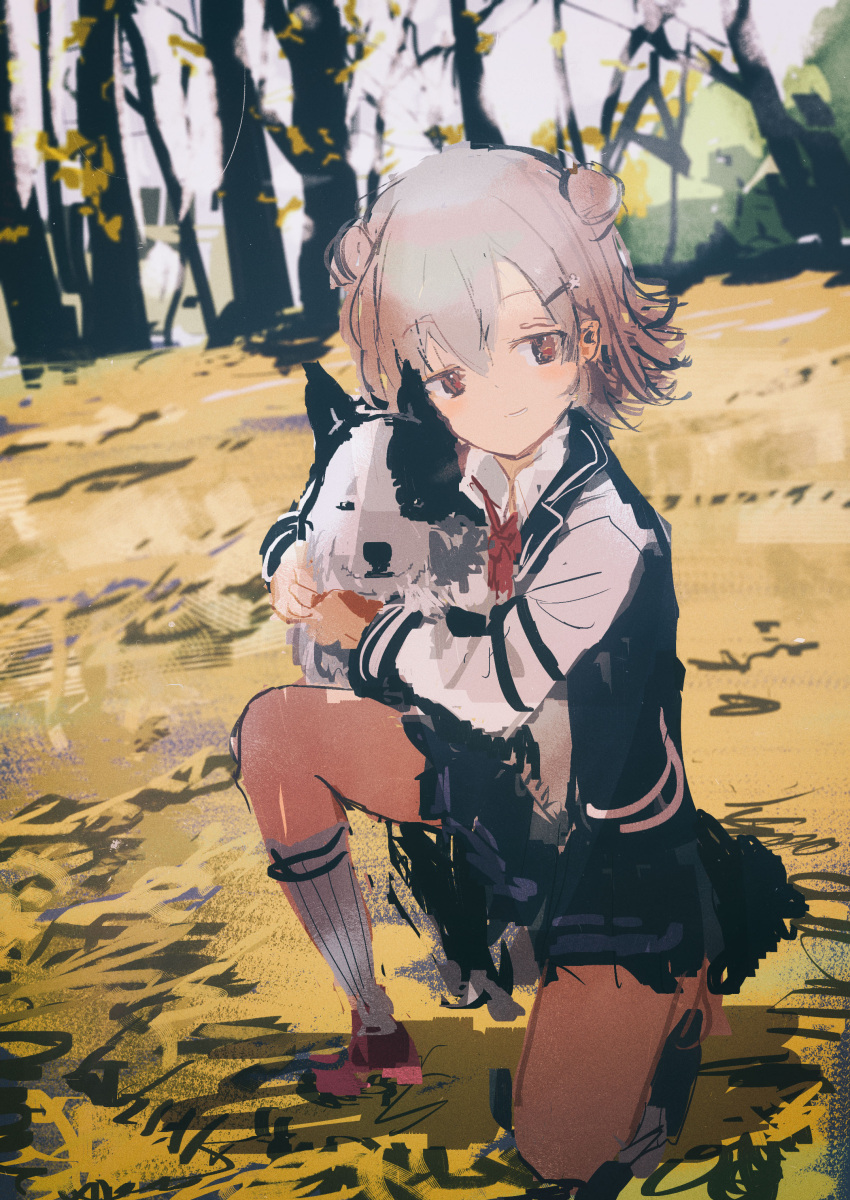 1girl absurdres animal_hug autumn black_jacket black_skirt blazer blurry blurry_background bow bowtie cevio collared_shirt commentary_request day dog double_bun flipped_hair grey_eyes grin hair_bun hair_ornament hairclip highres jacket kabuyama_kaigi koharu_rikka long_sleeves looking_at_viewer miniskirt multicolored_clothes multicolored_jacket on_one_knee outdoors pink_footwear red_bow red_bowtie school_uniform shirt shoes short_hair skirt smile solo synthesizer_v tree two-tone_jacket white_sleeves