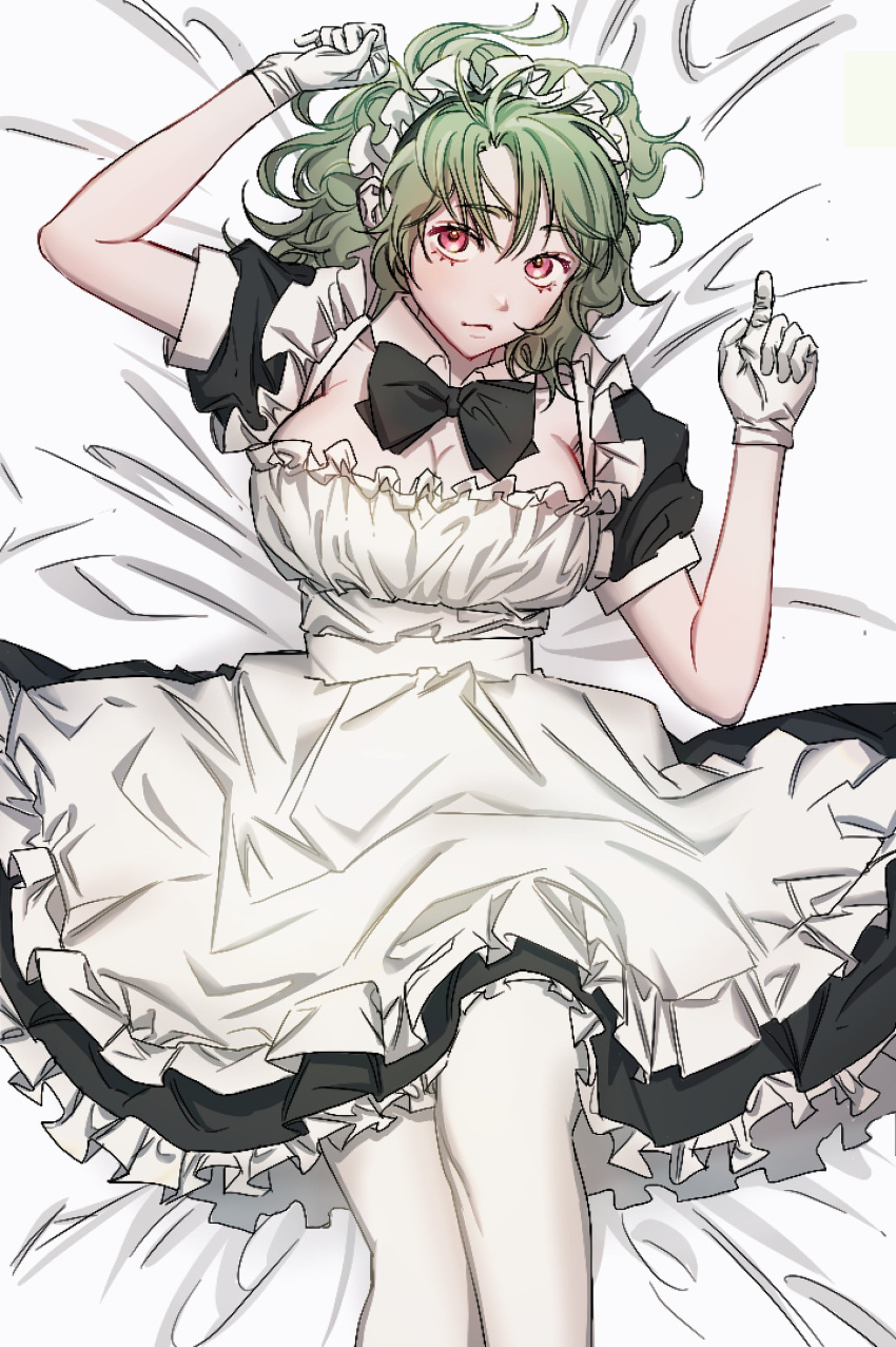 176_kwang 1girl absurdres apron bed_sheet black_bow black_bowtie black_dress bow bowtie breasts closed_mouth detached_collar dress feet_out_of_frame frilled_apron frilled_dress frills gloves green_hair hands_up highres knee_up korean_commentary large_breasts looking_at_viewer lying maid maid_apron maid_headdress on_back original red_eyes short_hair short_sleeves solo victorian_maid white_apron white_gloves