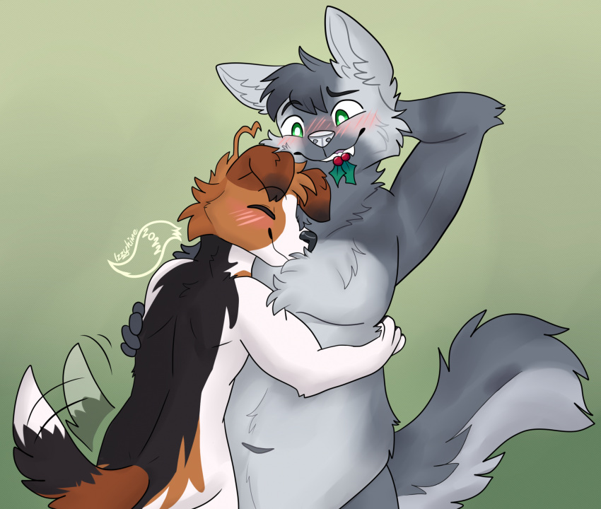 2022 artist_logo blush blush_lines bow_(bowhuskers) brown_body brown_fur canid canine canis domestic_dog duo embrace fluffy fluffy_tail fur green_eyes grey_body grey_fur hi_res hug izzyhime logo male male/male mammal mistletoe navel neck_tuft plant simple_background slightly_chubby tail tail_motion tailwag tuft wolf