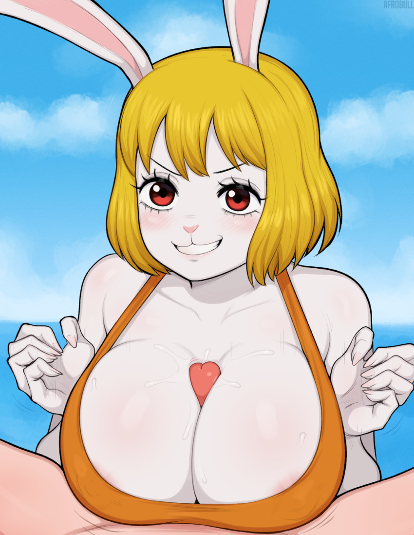 2024 5_fingers afrobull anthro breast_play breasts carrot_(one_piece) clothing digital_media_(artwork) duo eyebrows eyelashes faceless_character faceless_male female fingers front_view genitals hair hi_res human human_on_anthro interspecies long_ears male male/female mammal minkmen_(one_piece) one_piece outside penis sex solo_focus spread_legs spreading titfuck