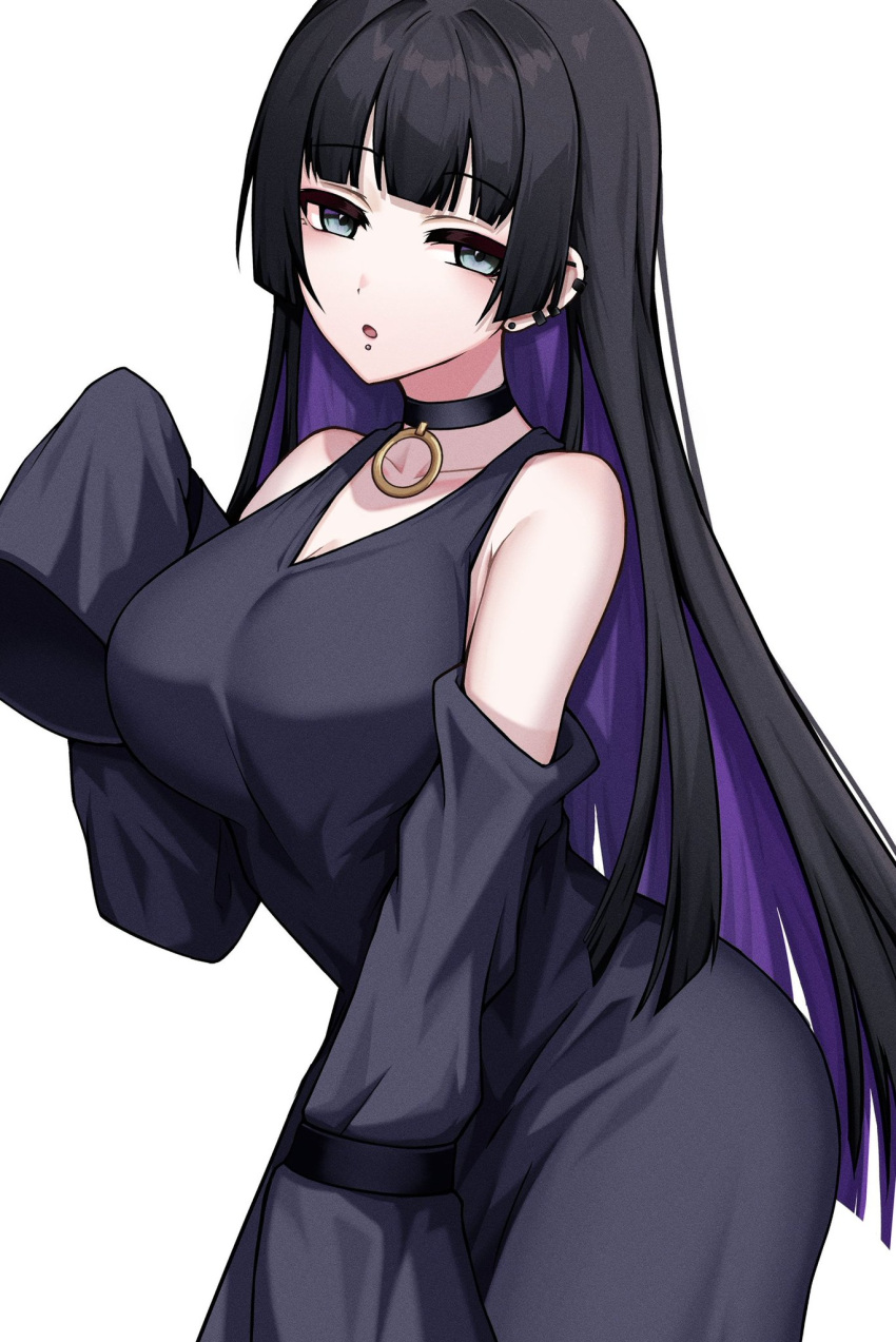 1girl bare_shoulders black_choker black_dress black_eyes black_hair black_sleeves blue_hair bocchi_the_rock! choker collarbone colored_inner_hair curvy detached_sleeves dress hand_up highres kushinaka long_hair looking_at_viewer mouth_piercing multicolored_hair open_mouth pa-san simple_background sleeveless sleeveless_dress sleeves_past_fingers sleeves_past_wrists solo straight_hair upper_body white_background