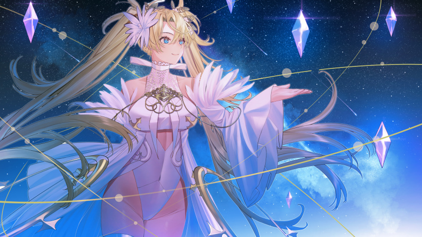 1girl absurdres blonde_hair blue_eyes bradamante_(fate) breasts covered_navel crystal detached_sleeves fate/grand_order fate_(series) flower hair_flower hair_ornament highres large_breasts leotard light_(nightty45) long_hair smile starry_background twintails white_leotard