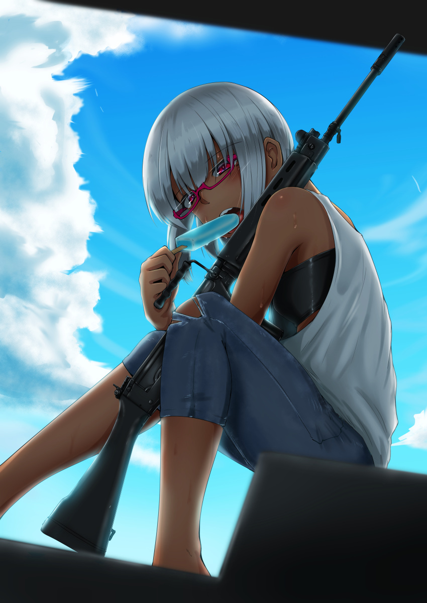 1girl absurdres battle_rifle black_sports_bra blue_pants blue_sky blush breasts cloud dark-skinned_female dark_skin denim feet_out_of_frame fn_fal food food_in_mouth from_below glasses gun highres jeans looking_at_viewer medium_hair open_mouth original outdoors pants pink-framed_eyewear pink_eyes popsicle popsicle_in_mouth rifle sekino_takehiro semi-rimless_eyewear shirt sky small_breasts solo sports_bra sweat teeth tongue torn_clothes weapon white_hair white_shirt