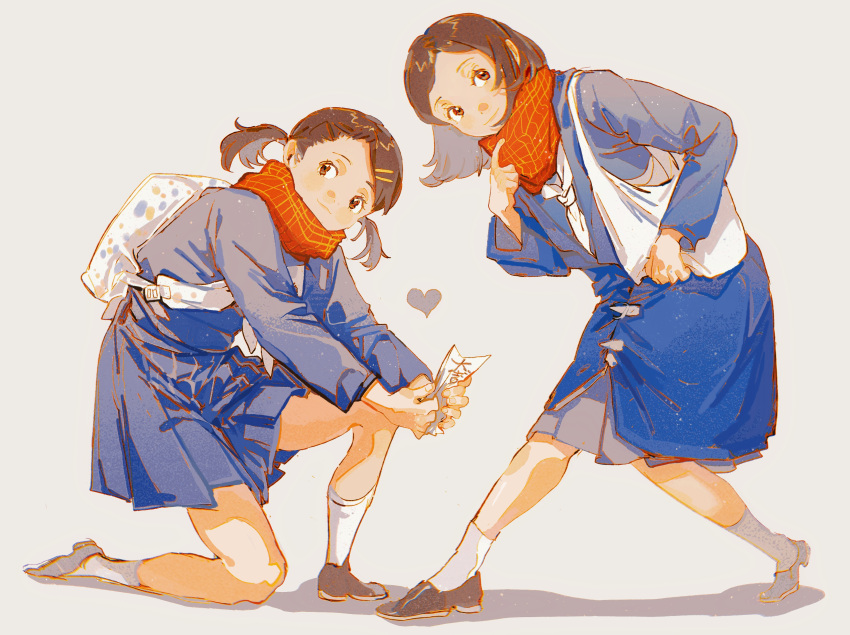 2girls absurdres ankle_socks backpack bag blue_sailor_collar blue_serafuku blue_shirt blue_skirt blue_sleeves brown_eyes brown_footwear brown_hair character_request chinese_commentary closed_mouth collared_shirt colored_eyelashes commentary_request copyright_request full_body grey_background hair_ornament hairclip head_tilt heart highres holding holding_bag holding_paper layered_skirt long_sleeves medium_hair medium_skirt multiple_girls neckerchief on_one_knee paper plaid plaid_scarf pleated_skirt polka_dot polka_dot_bag red_scarf riko-m sailor_collar scarf school_uniform serafuku shadow shirt shoes short_twintails simple_background skirt smile socks tote_bag twintails uwabaki white_bag white_neckerchief white_socks yuri