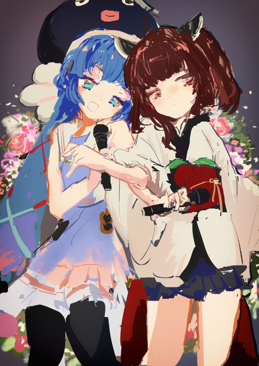 2girls absurdres ahoge black_pantyhose black_skirt blue_dress blue_eyes blue_hair blunt_bangs brown_hair commentary_request dot_mouth dress eel_hat expressionless floral_background gradient_dress grey_background half-closed_eyes hat head_tilt headgear heads_together highres holding holding_microphone japanese_clothes kabuyama_kaigi kimono locked_arms long_sleeves looking_at_viewer low_twintails microphone multiple_girls obi obijime open_mouth otomachi_una otomachi_una_(talkex) pantyhose pink_dress pink_eyes pleated_dress sailor_collar sailor_dress sash short_dress side-by-side skirt sleeveless sleeveless_dress smile standing talkex touhoku_kiritan twintails vignetting vocaloid voiceroid white_kimono white_sailor_collar wide_sleeves