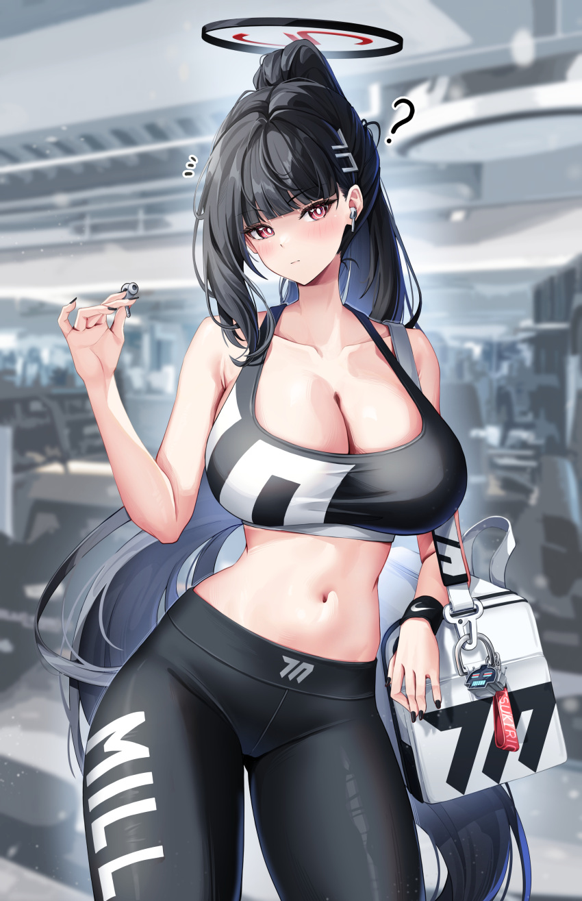 1girl absurdres alternate_costume bag black_hair black_nails black_sports_bra blue_archive bra breasts gym hair_ornament hairclip halo highres lancheu large_breasts long_hair looking_at_viewer multicolored_bra multicolored_clothes navel pants red_eyes rio_(blue_archive) shoulder_bag skindentation solo sports_bra stomach track_pants underwear very_long_hair