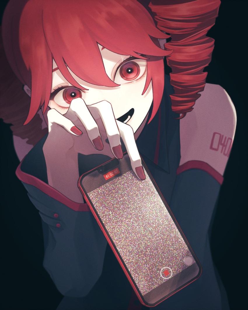 1girl black_background cellphone_photo clip_studio_paint_(medium) collared_shirt crazy_eyes detached_sleeves drill_hair grey_shirt grey_sleeves highres hito_mania_(utau) holding holding_phone kasane_teto looking_at_viewer making-of_available medium_hair narse open_mouth phone red_eyes red_hair red_nails shirt sleeveless sleeveless_shirt smile solo static upper_body utau