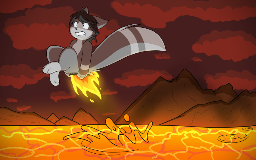 16:10 anthro black_hair burning butt butt_on_fire detailed_background digital_media_(artwork) domestic_cat felid feline felis fire fur grey_body grey_fur hair hi_res jineko_(artist) jineko_(character) lava male mammal multicolored_body multicolored_fur pain solo tail two_tone_body two_tone_fur widescreen