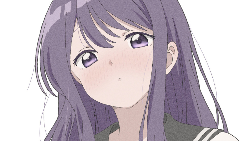 1girl :c black_sailor_collar blush close-up commentary_request hair_between_eyes kubo-san_wa_mob_wo_yurusanai kubo_nagisa long_bangs long_hair looking_at_viewer nose_blush open_mouth portrait purple_eyes purple_hair sailor_collar school_uniform serafuku shirt sidelocks simple_background solo straight_hair watanabegenn white_background white_shirt