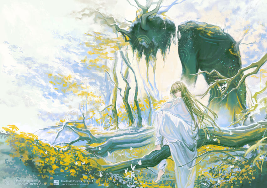 1other androgynous barefoot bug bush butterfly cangchen cloud commentary day english_commentary enkidu_(fate) fate/grand_order fate_(series) from_side full_body grass green_eyes green_hair hair_between_eyes highres in_tree knee_up long_hair long_sleeves looking_at_viewer looking_to_the_side monster other_focus outdoors pants robe sitting sitting_in_tree smile solo tree white_pants white_robe