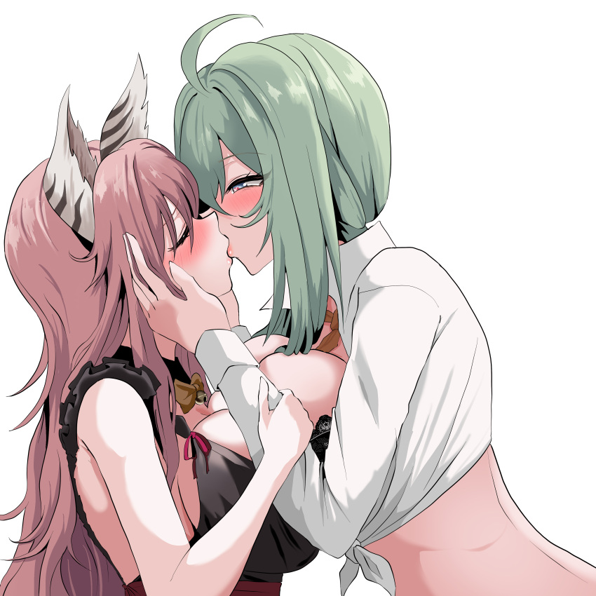 2girls absurdres ahoge animal_ears black_dress blush bra breasts closed_eyes commission de_lacey_(neural_cloud) dress eomo_(pyum3252) girls'_frontline girls'_frontline_neural_cloud green_hair half-closed_eyes hands_on_another's_head highres holding_another's_arm kiss large_breasts long_hair multiple_girls official_alternate_costume persicaria_(besotted_evernight)_(neural_cloud) persicaria_(neural_cloud) pink_hair shirt tied_shirt underwear upper_body white_background white_shirt yuri