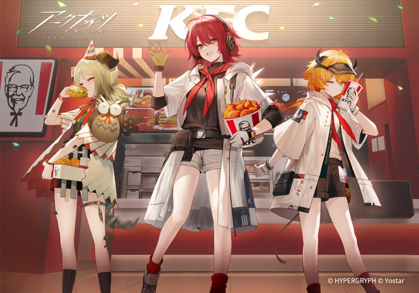 3girls arknights bucket_of_chicken burger chicken_(food) chicken_leg colonel_sanders croissant_(arknights) croissant_(seven_am)_(arknights) crossover cup disposable_cup drinking_straw eating exusiai_(arknights) exusiai_(city_rider)_(arknights) fast_food food fried_chicken holding holding_cup holding_food ifrit_(arknights) ifrit_(children's_party)_(arknights) kfc multiple_girls official_alternate_costume official_art oripathy_lesion_(arknights) red_hair string_tie