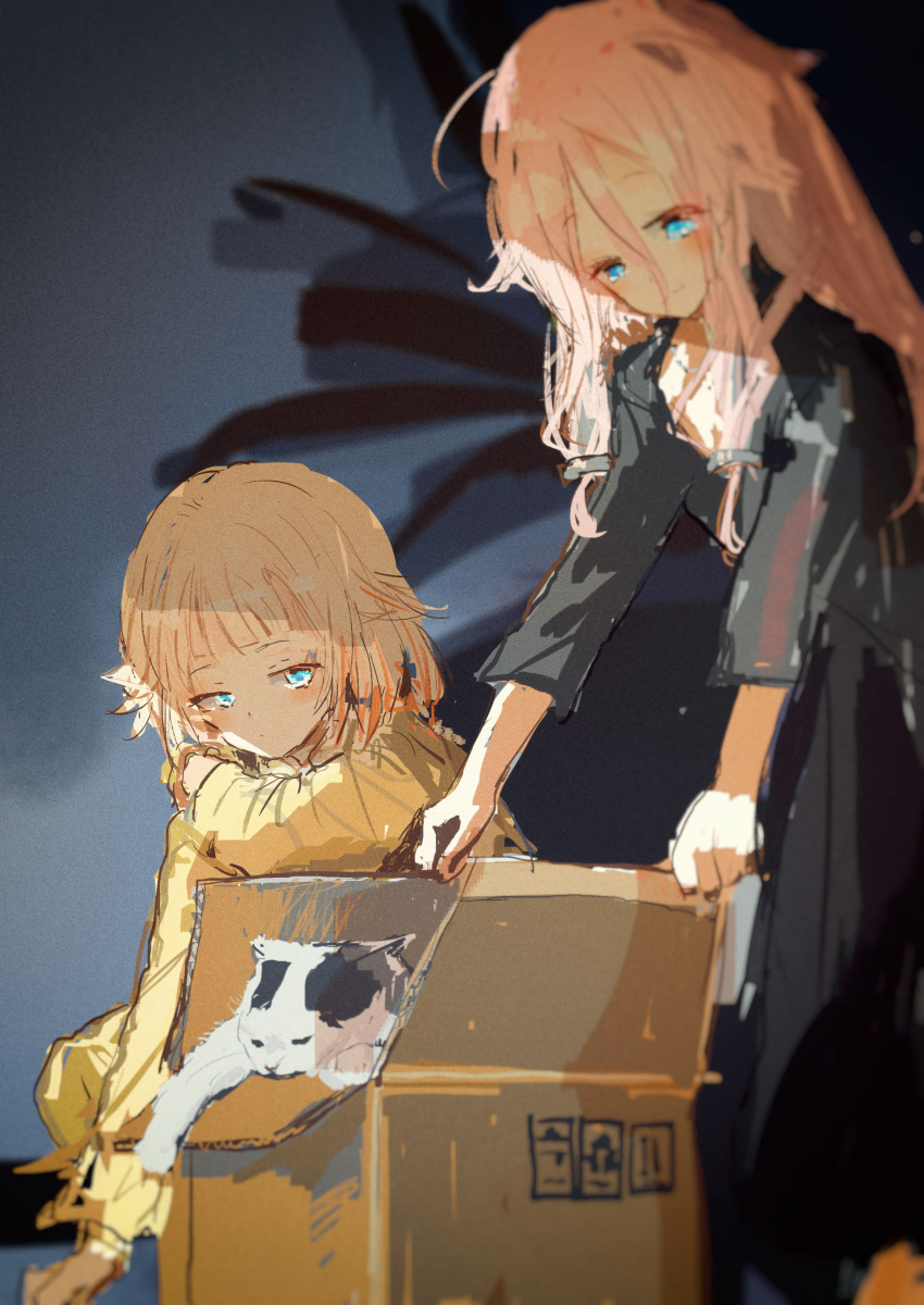 2girls absurdres alternate_costume black_dress blonde_hair blue_eyes blunt_bangs blurry blush box cardboard_box cat cevio closed_mouth commentary_request depth_of_field dress expressionless hair_between_eyes hair_flaps hand_on_own_shoulder hand_up highres ia_(vocaloid) kabuyama_kaigi long_hair long_sleeves looking_at_animal multicolored_hair multiple_girls one_(cevio) orange_hair pants pink_hair shirt siblings sisters smile squatting standing streaked_hair vocaloid yellow_pants yellow_shirt