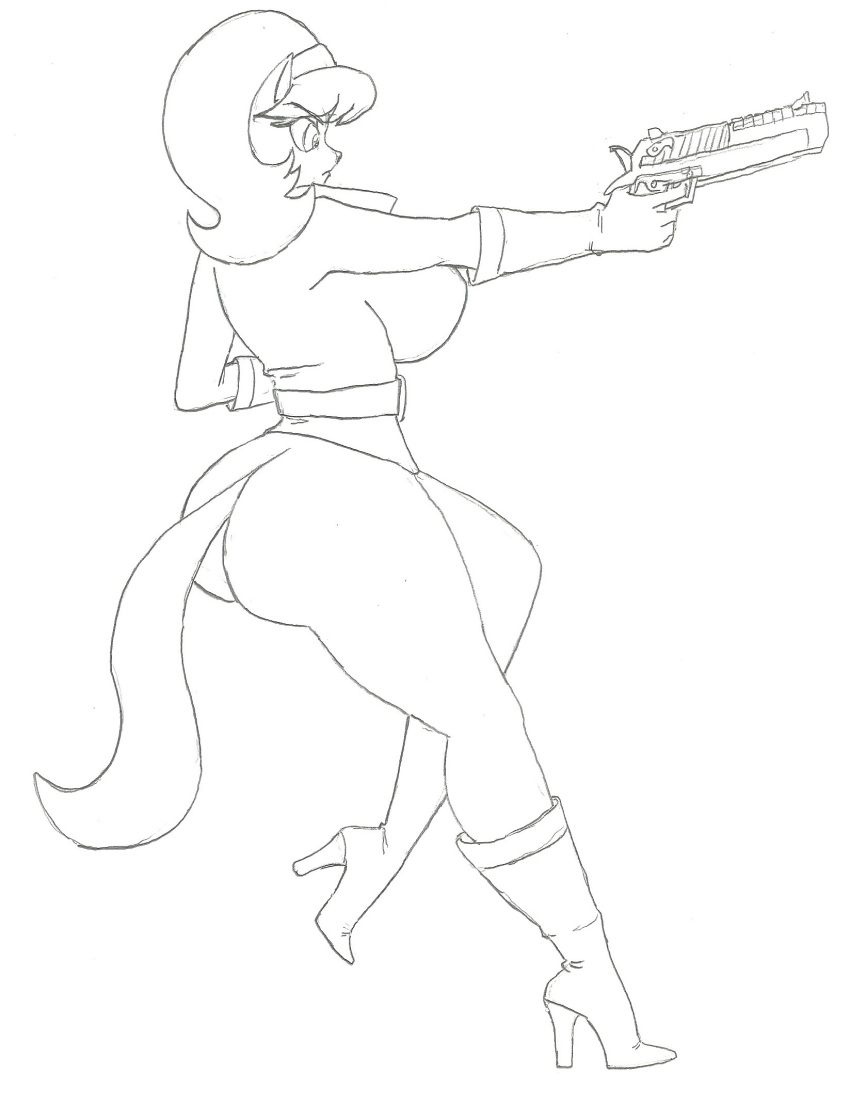 anthro big_breasts big_butt breasts butt clothed clothing domestic_cat felid feline felis female footwear gun hi_res high_heels kitty_katswell krocialblack mammal nickelodeon ranged_weapon shoes solo t.u.f.f._puppy tail thick_thighs weapon