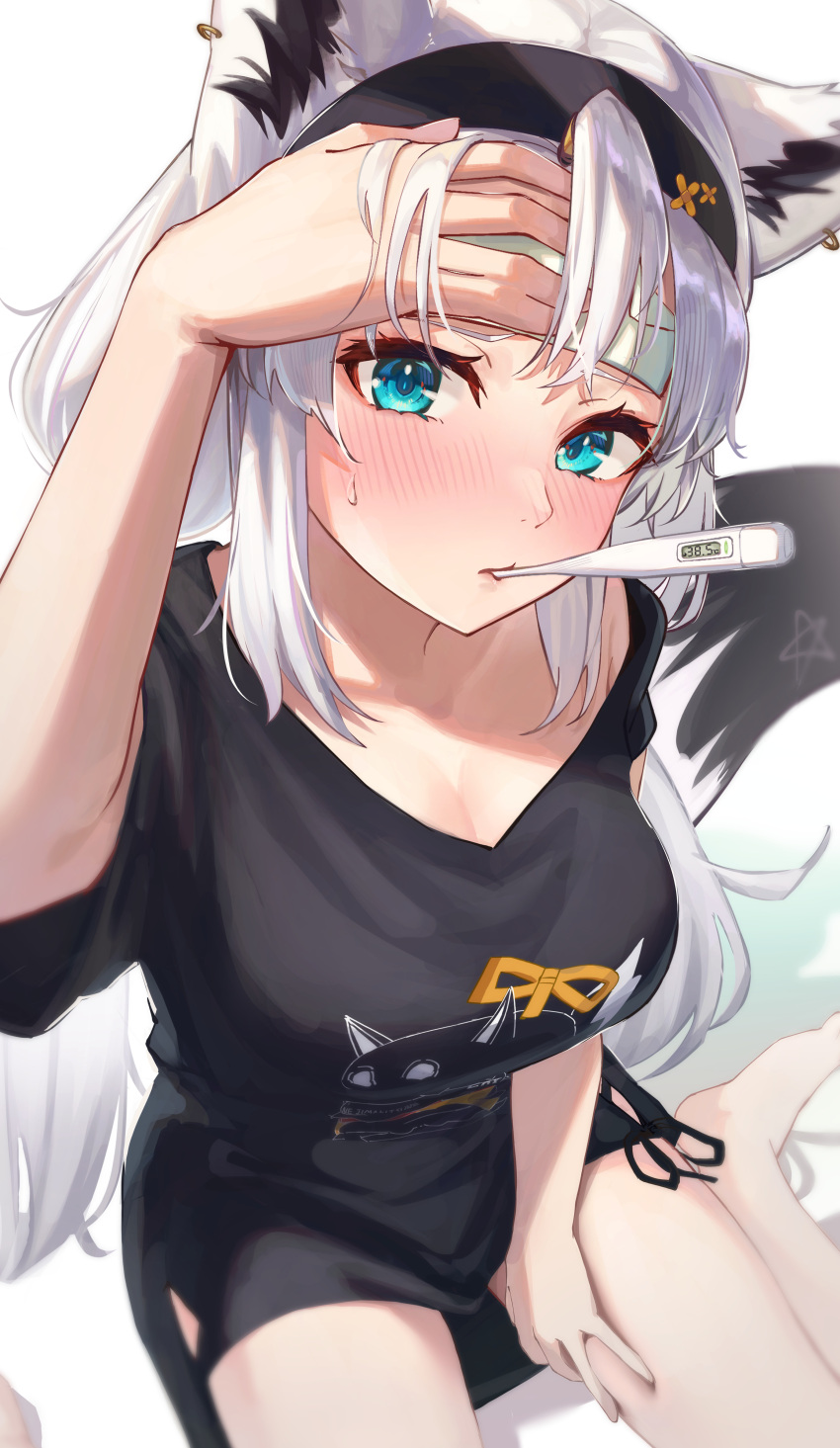 1girl absurdres ahoge animal_ear_fluff animal_ears aqua_eyes black_hairband black_shirt black_tail blush breasts cleavage cold_pack digital_thermometer earrings fever fox_ears fox_girl fox_tail hairband hand_on_own_forehead hand_on_own_thigh highres hip_vent hololive jewelry long_hair looking_at_viewer loungewear low_twintails multicolored_tail official_alternate_costume pentagram pov satellite999 shirakami_fubuki shirakami_fubuki_(7th_costume) shirt sick side-tie_shirt sidelocks simple_background sitting solo sweat tail thermometer twintails virtual_youtuber wariza white_background white_hair white_tail