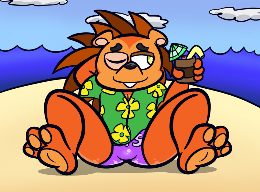 2021 aloha_shirt anthro beach beverage black_nose clothing cloud container cup eulipotyphlan feet fur green_eyes hand_behind_head hasbro hedgehog holding_container holding_cup holding_object kaokao littlest_pet_shop littlest_pet_shop_(2012) male mammal one_eye_closed orange_body orange_fur orange_pawpads pattern_clothing pattern_shirt pattern_topwear pawpads russell_ferguson seaside shirt sitting sky smile solo speedo spread_legs spreading swimwear toes toony topwear water