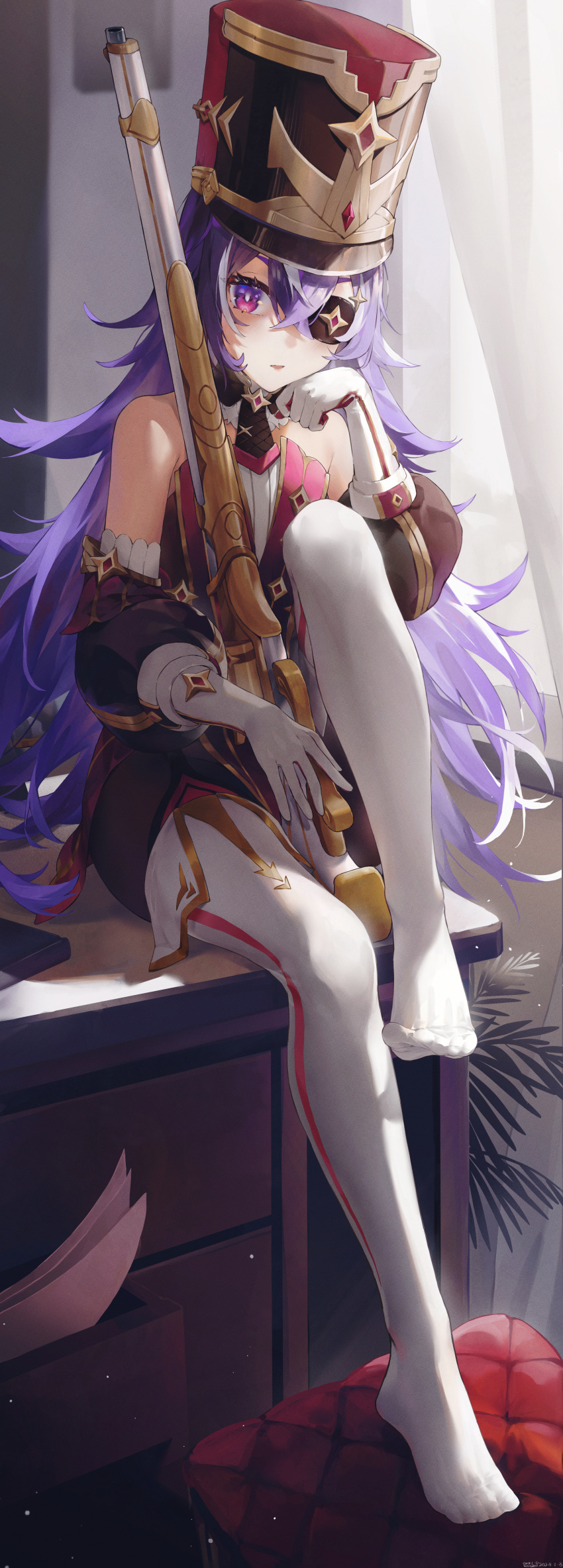 1girl absurdres adapted_costume bare_shoulders bright_pupils chevreuse_(genshin_impact) detached_sleeves dress eyepatch full_body genshin_impact gloves gun hat highres long_hair looking_at_viewer mole mole_under_mouth multicolored_hair musket pointy_hair puffy_sleeves purple_eyes purple_hair red_dress shako_cap sitting solo streaked_hair swkl:d thighhighs two-tone_dress two-tone_gloves two-tone_hair very_long_hair weapon white_gloves white_hair white_pupils
