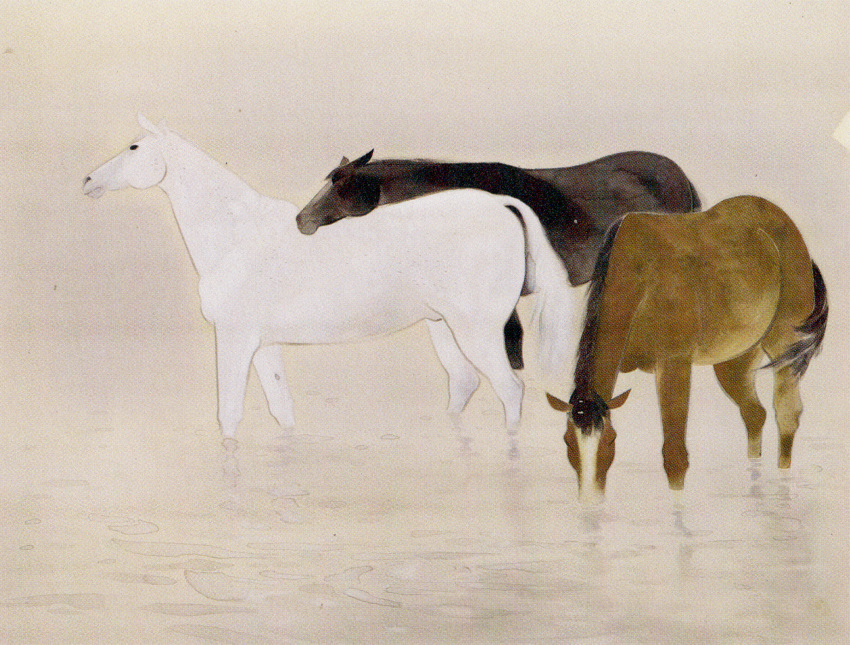 ambiguous_gender ancient_art black_body black_eyes black_fur brown_body brown_fur drinking_water equid equine feral fur group hi_res horse kawasaki_tadashi mammal multicolored_body multicolored_fur painting_(artwork) quadruped snout standing tail traditional_media_(artwork) trio walking white_body white_fur