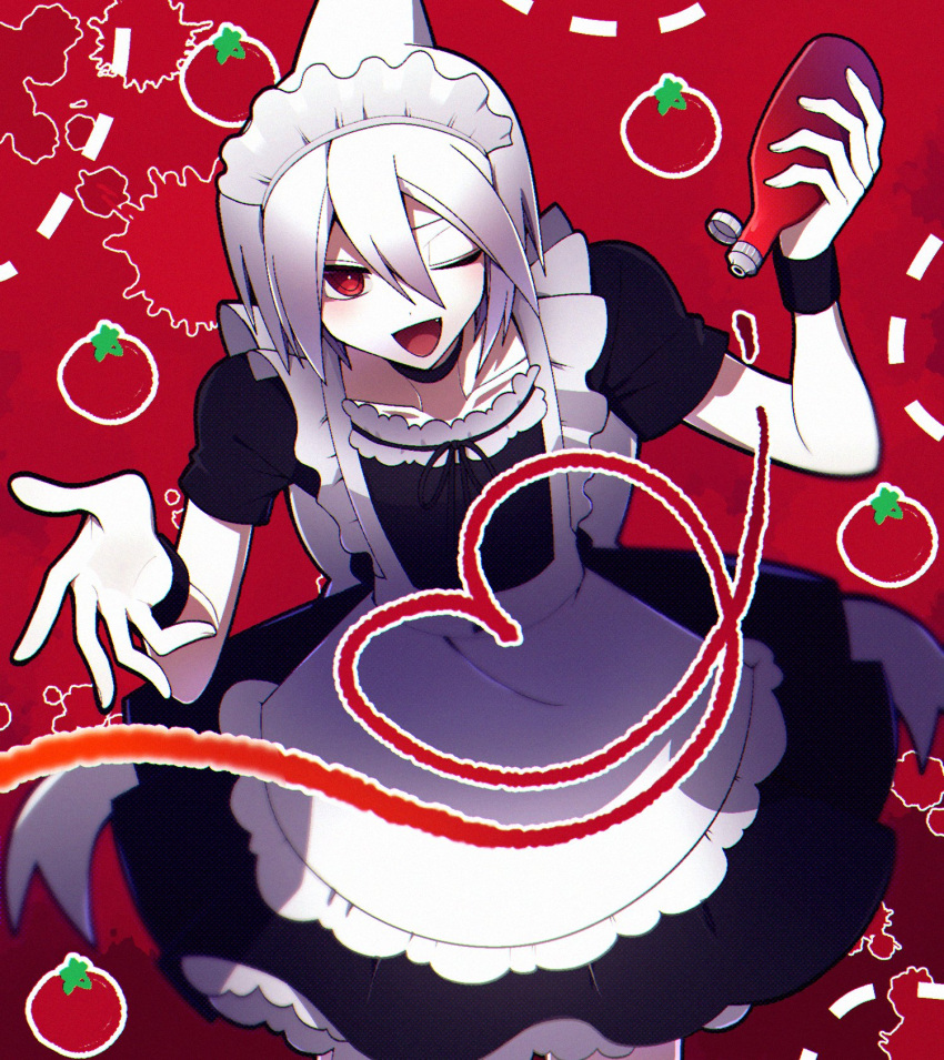 1boy back_bow black_choker black_dress black_outline black_ribbon black_wrist_cuffs bottle bow choker collarbone colored_skin dress fang from_above funamusea highres holding holding_bottle hoshimi_(hosizorarara) ketchup maid maid_headdress one_eye_closed oounabara_to_wadanohara open_mouth otoko_no_ko outline red_background red_eyes ribbon shark_boy shark_fin short_hair solo syake_(wadanohara) tomato tomato_sauce white_bow white_hair white_skin wrist_cuffs