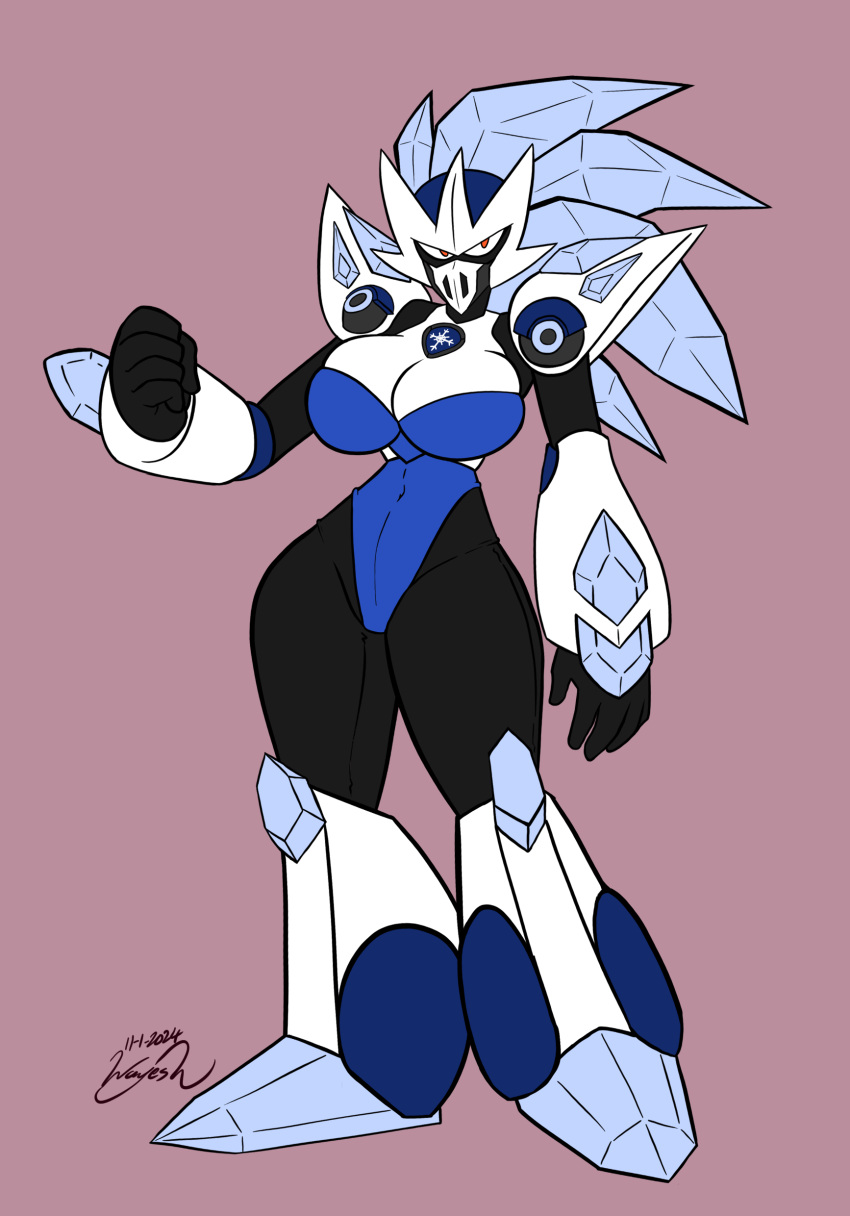absurd_res armor big_breasts bodysuit breasts cleavage clothed clothing diamond_dust_(famwammer) famwammer female headgear helmet hi_res humanoid ice ice_hair leotard livemetal machine mask pauldron red_eyes robot skinsuit solo tight_clothing wayesh