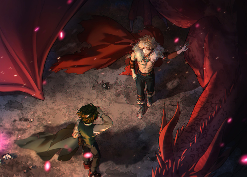 2boys 2nd_popularity_poll_(boku_no_hero_academia) abs alternate_universe arm_at_side bakugou_katsuki belt belt_buckle black_pants blonde_hair blue_pants blurry boku_no_hero_academia boots brown_belt buckle cape check_commentary chinese_commentary chromatic_aberration claws closed_mouth commentary commentary_request cross-laced_footwear depth_of_field detached_sleeves dragon embers expressionless eyes_visible_through_hair fantasy floating_cape floating_hair from_above fur-trimmed_boots fur-trimmed_cape fur_trim gloves green_cape green_hair green_vest grey_footwear hand_on_animal hand_up jewelry knee_boots knee_pads lace-up_boots light long_sleeves looking_at_another male_focus midoriya_izuku multiple_boys multiple_necklaces namarigenshi navel necklace no_nipples no_shirt official_alternate_costume outstretched_arm pants pocket pouch red_cape red_eyes red_footwear sanpaku shadow shirt short_hair sidelighting spiked_hair standing toned toned_male tooth_earrings tooth_necklace torn_cape torn_clothes triangle_print unworn_cape v-shaped_eyebrows vest western_dragon white_gloves white_shirt wind
