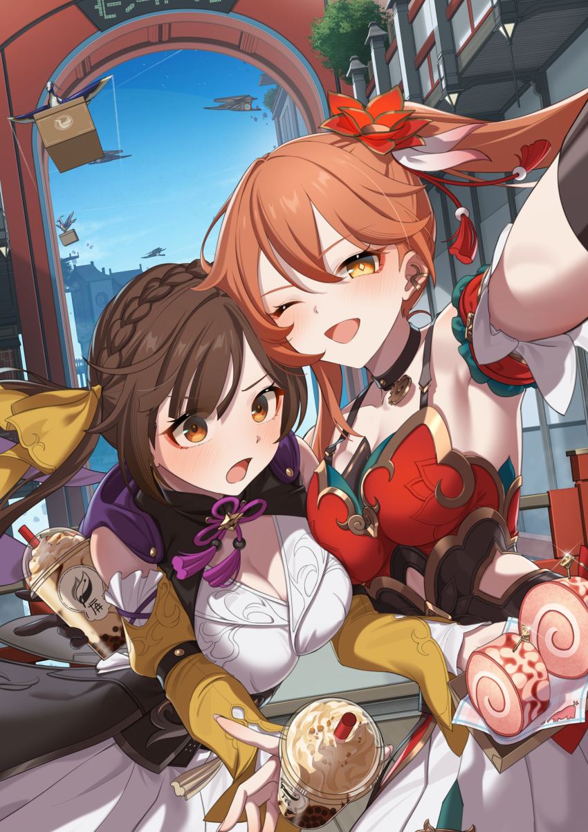 2girls black_choker braid breasts brown_eyes brown_hair chinese_clothes choker cleavage cleavage_cutout clothing_cutout commentary_request crown_braid guinaifen_(honkai:_star_rail) hair_ornament hair_ribbon highres honkai:_star_rail honkai_(series) looking_at_viewer meda multiple_girls one_eye_closed open_mouth orange_eyes orange_hair ponytail ribbon selfie smile sushang_(honkai:_star_rail) yellow_ribbon