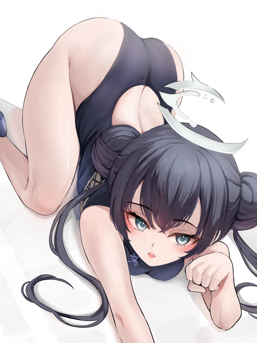 1girl :o absurdres all_fours ass back_cutout black_dress black_hair blue_archive blush breasts china_dress chinese_clothes clenched_hand clothing_cutout double_bun dress fluffyebi01 hair_bun halo highres kisaki_(blue_archive) looking_at_viewer median_furrow no_panties nyan petite simple_background small_breasts solo twintails white_background