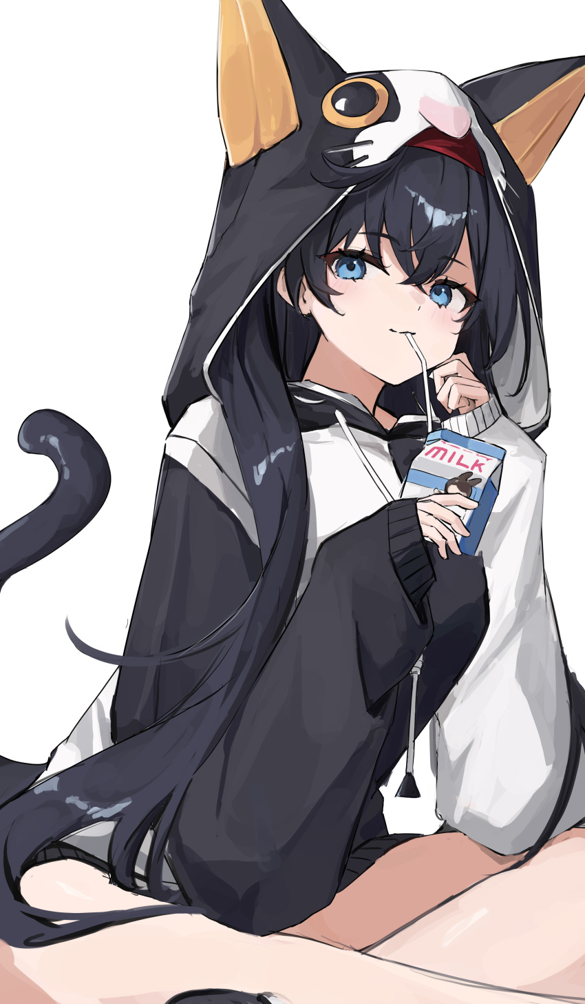1girl absurdres animal_ears animal_hood arknights black_hair blaze_(arknights) blue_eyes cat_ears cat_girl cat_hood cat_tail closed_mouth drawstring drinking extra_ears feet_out_of_frame hairband highres hood hood_up hoodie long_hair long_sleeves milk_carton no_pants official_alternate_costume red_hairband shiro_wa_(shiroshironix) simple_background sitting smile solo tail white_background