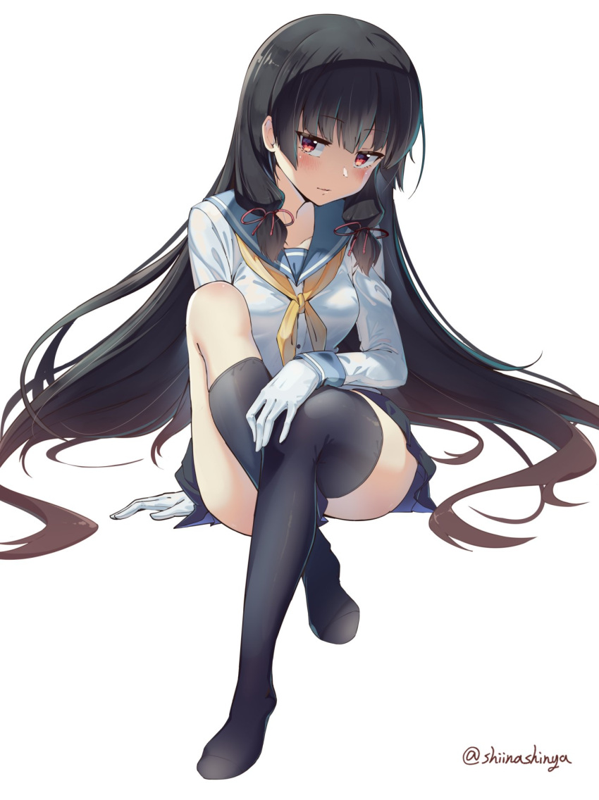 1girl asymmetrical_legwear black_hair blue_sailor_collar blush breasts gloves hair_ribbon highres isokaze_(kancolle) kantai_collection kneehighs liking long_hair long_sleeves looking_at_viewer medium_breasts neckerchief pleated_skirt red_eyes ribbon sailor_collar school_uniform serafuku simple_background single_kneehigh single_sock single_thighhigh skirt smile socks solo thighhighs tress_ribbon twitter_username uneven_legwear white_gloves yellow_neckerchief