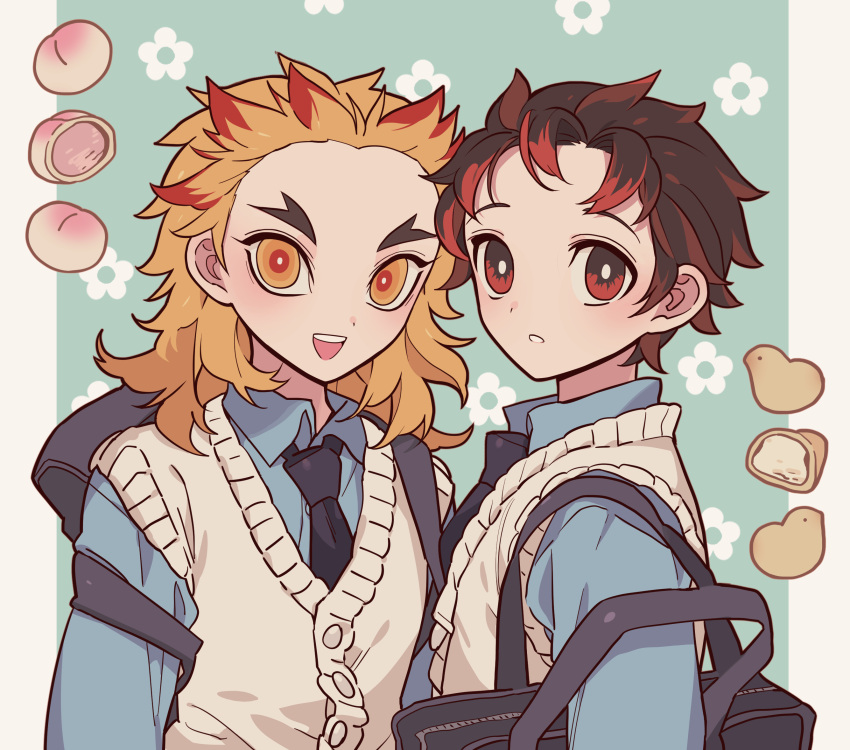 2boys :d alternate_costume bag black_hair black_necktie blonde_hair blue_background blue_shirt collared_shirt colored_tips commentary_request contemporary food forked_eyebrows fruit highres kamado_tanjirou kimetsu_no_yaiba long_sleeves looking_at_viewer male_focus meremero multicolored_hair multiple_boys necktie open_mouth peach red_eyes red_hair rengoku_kyoujurou school_bag school_uniform shirt short_hair smile sweater_vest upper_body yellow_eyes