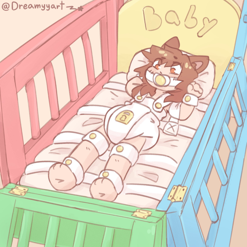 absurd_res ambiguous_gender anthro bedding blush bound brown_hair clothing crib diaper domestic_cat dreamyart felid feline felis fur gag hair hi_res implied_chastity lying mammal object_in_mouth on_back overalls pacifier pacifier_gag pacifier_in_mouth pillow red_eyes solo star strapped_down tan_body tan_fur text watermark