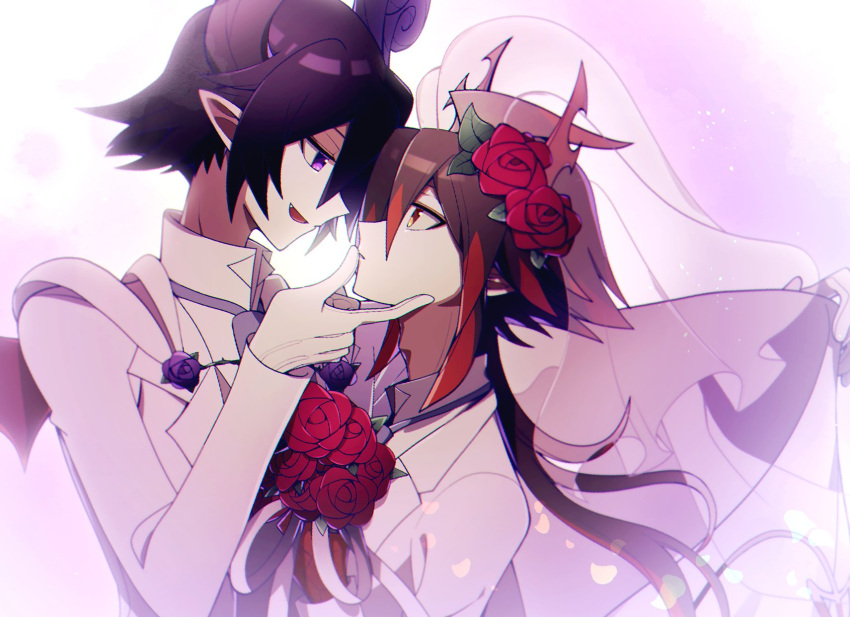 2boys black_hair bouquet bridal_veil closed_mouth colored_skin demon_boy demon_wings dress flower funamusea haiiro_teien hair_flower hair_ornament hand_on_another's_cheek hand_on_another's_face highres holding holding_bouquet horns hoshimi_(hosizorarara) ivlis_(haiiro_teien) male_focus multicolored_hair multiple_boys open_mouth orange_eyes petals pointy_ears ponytail purple_eyes purple_flower purple_hair red_flower red_hair satanick_(funamusea) streaked_hair suit veil wedding wedding_dress white_background white_skin white_suit wings yaoi