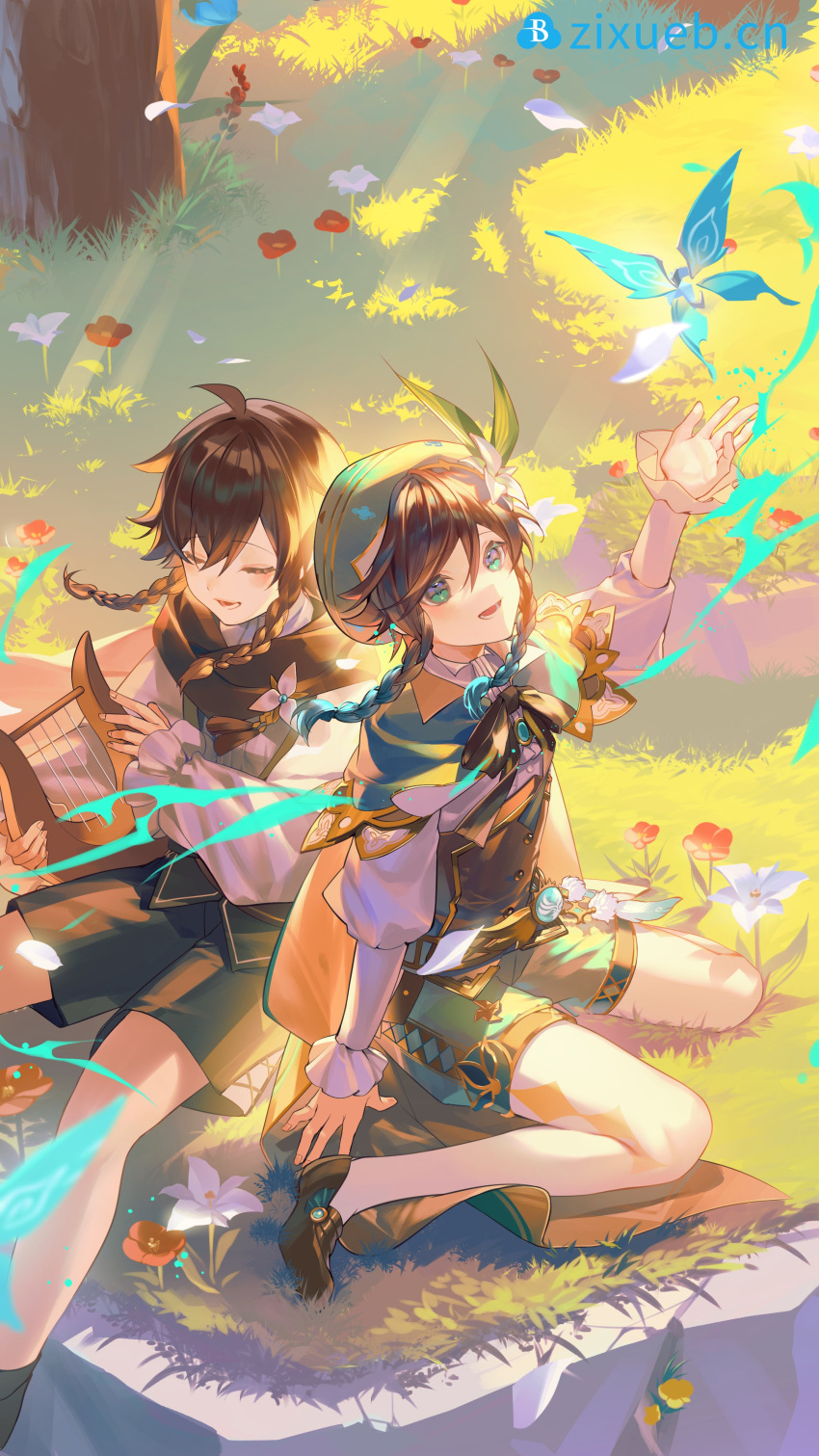 2boys absurdres aqua_eyes aqua_hair black_hair braid cape closed_eyes crystalfly_(genshin_impact) flower genshin_impact green_headwear hair_between_eyes hat hat_flower highres holding holding_instrument instrument karonaru lyre multicolored_hair multiple_boys nameless_bard_(genshin_impact) on_grass open_mouth pantyhose shirt shoes short_hair shorts sitting twin_braids two-tone_hair venti_(genshin_impact) vision_(genshin_impact) wariza white_flower white_pantyhose white_shirt