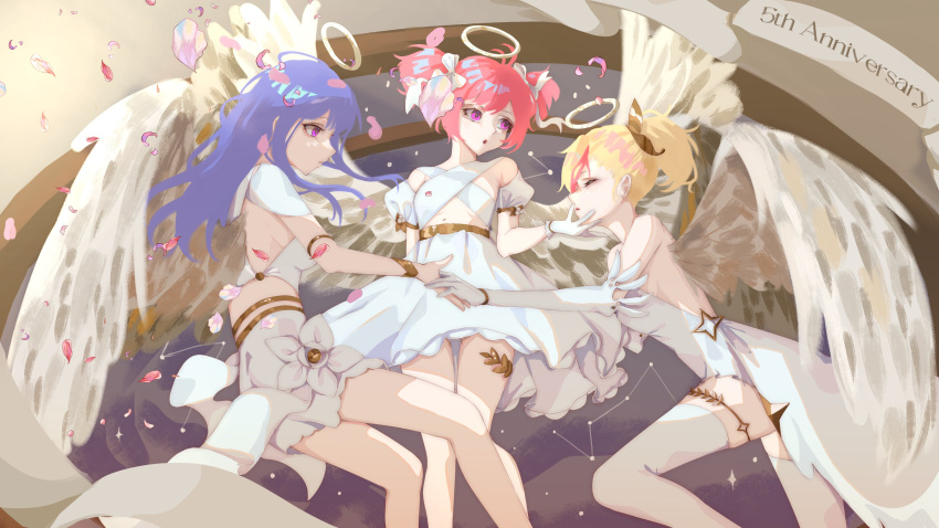 3girls absurdres angel angel_wings anniversary arm_behind_back bare_shoulders blonde_hair blue_hair buro_(muse_dash) closed_eyes dress elbow_gloves feathered_wings gloves gold_belt halo highres holding_another's_head holding_hands kuukinaru long_hair marija_(muse_dash) multicolored_hair multiple_girls muse_dash navel petals pink_eyes pink_hair ponytail puffy_short_sleeves puffy_sleeves rin_(muse_dash) short_hair short_sleeves short_twintails streaked_hair thighhighs twintails white_dress white_gloves white_thighhighs wings