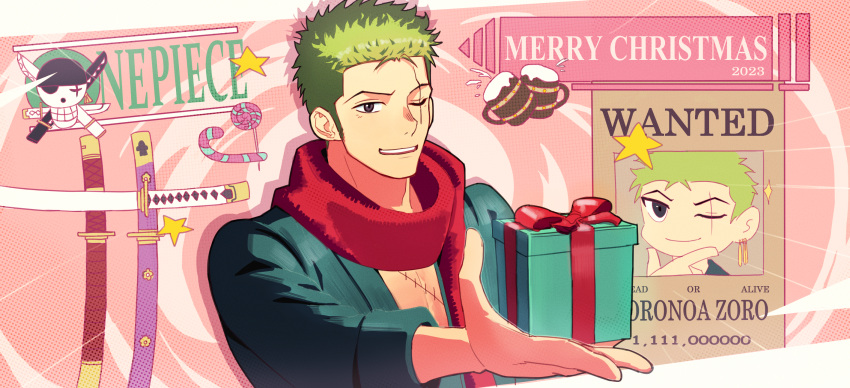 1boy beer_mug candy candy_cane character_name chibi copyright_name cup food gift green_hair highres holding holding_gift lollipop looking_at_viewer male_focus merry_christmas mug one_eye_closed one_piece red_scarf roronoa_zoro scar scar_across_eye scar_on_chest scarf short_hair sideburns solo star_(symbol) stitches stnutt swirl_lollipop sword wanted weapon