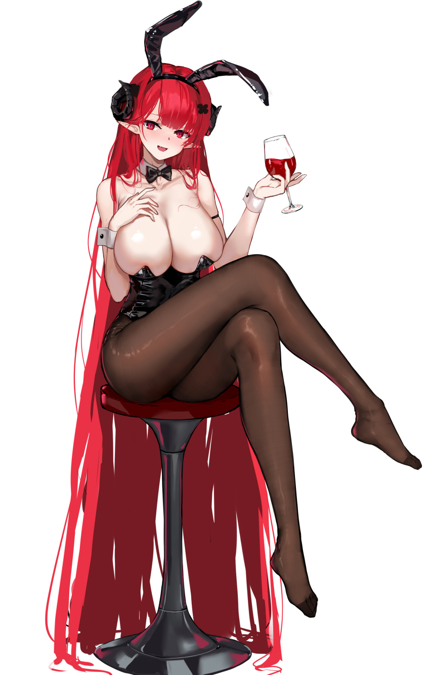 1girl absurdly_long_hair absurdres animal_ears azur_lane bar_stool black_horns black_leotard bow bowtie breasts brown_pantyhose chinese_commentary cleavage commentary_request crossed_legs cup curled_horns detached_collar drinking_glass fake_animal_ears full_body hair_ornament hand_on_own_chest highres hindenburg_(azur_lane) hindenburg_(delirious_duel)_(azur_lane) holding holding_cup horns huge_breasts huijin_zhi_ling leotard long_hair official_alternate_costume pantyhose playboy_bunny pointy_ears rabbit_ears red_eyes red_hair red_wine simple_background sitting solo stool strapless strapless_leotard traditional_bowtie very_long_hair white_background wine_glass wrist_cuffs
