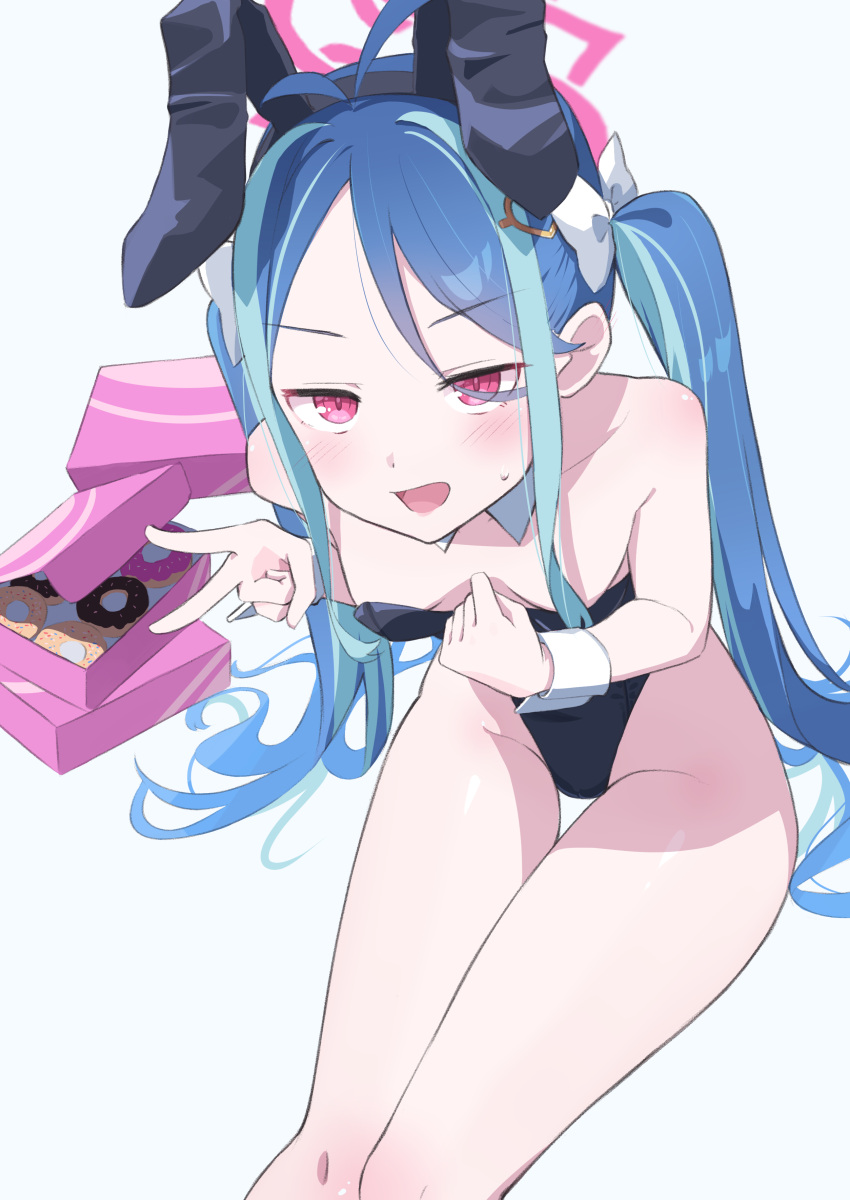 1girl absurdres animal_ears antenna_hair black_leotard blue_archive blue_hair blush breasts commentary doughnut fake_animal_ears feet_out_of_frame food fubuki_(blue_archive) grey_hair highres leotard long_hair looking_at_viewer multicolored_hair open_mouth rabbit_ears red_eyes simple_background small_breasts solo strapless strapless_leotard t-hou twintails v white_background wrist_cuffs