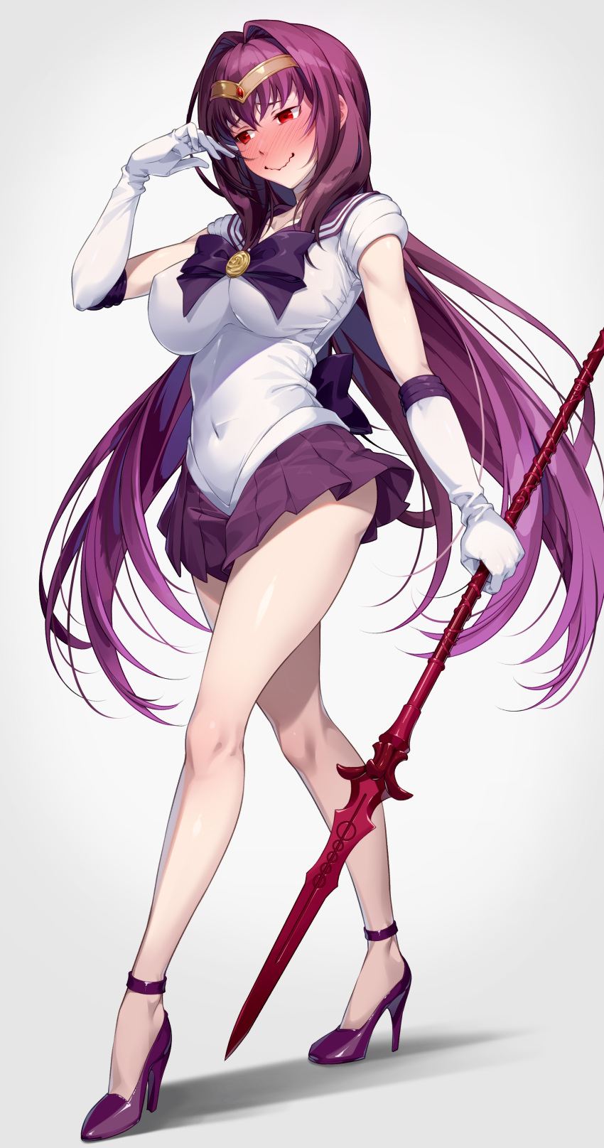 1girl absurdres blush breasts covered_navel elbow_gloves fate/grand_order fate_(series) full_body gae_bolg_(fate) gloves hair_between_eyes hairband high_heels highres large_breasts long_hair looking_to_the_side miniskirt mukunokino_isshiki polearm purple_hair purple_sailor_collar purple_skirt red_eyes sailor_collar scathach_(fate) shirt short_sleeves skirt spear weapon white_gloves white_shirt