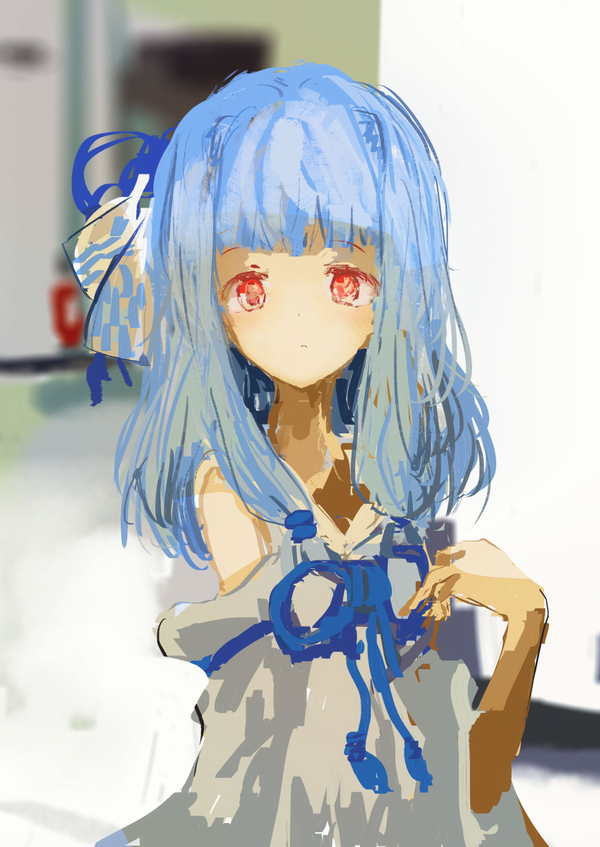 1girl absurdres blue_hair blue_ribbon blunt_bangs blurry blurry_background closed_mouth commentary_request detached_sleeves dress hair_intakes hair_ribbon hand_up highres indoors kabuyama_kaigi kotonoha_aoi light_blush long_hair looking_at_viewer low-tied_sidelocks neck_ribbon raised_eyebrows red_eyes ribbon sidelocks sleeveless sleeveless_dress solo upper_body voiceroid white_dress white_sleeves wide_sleeves