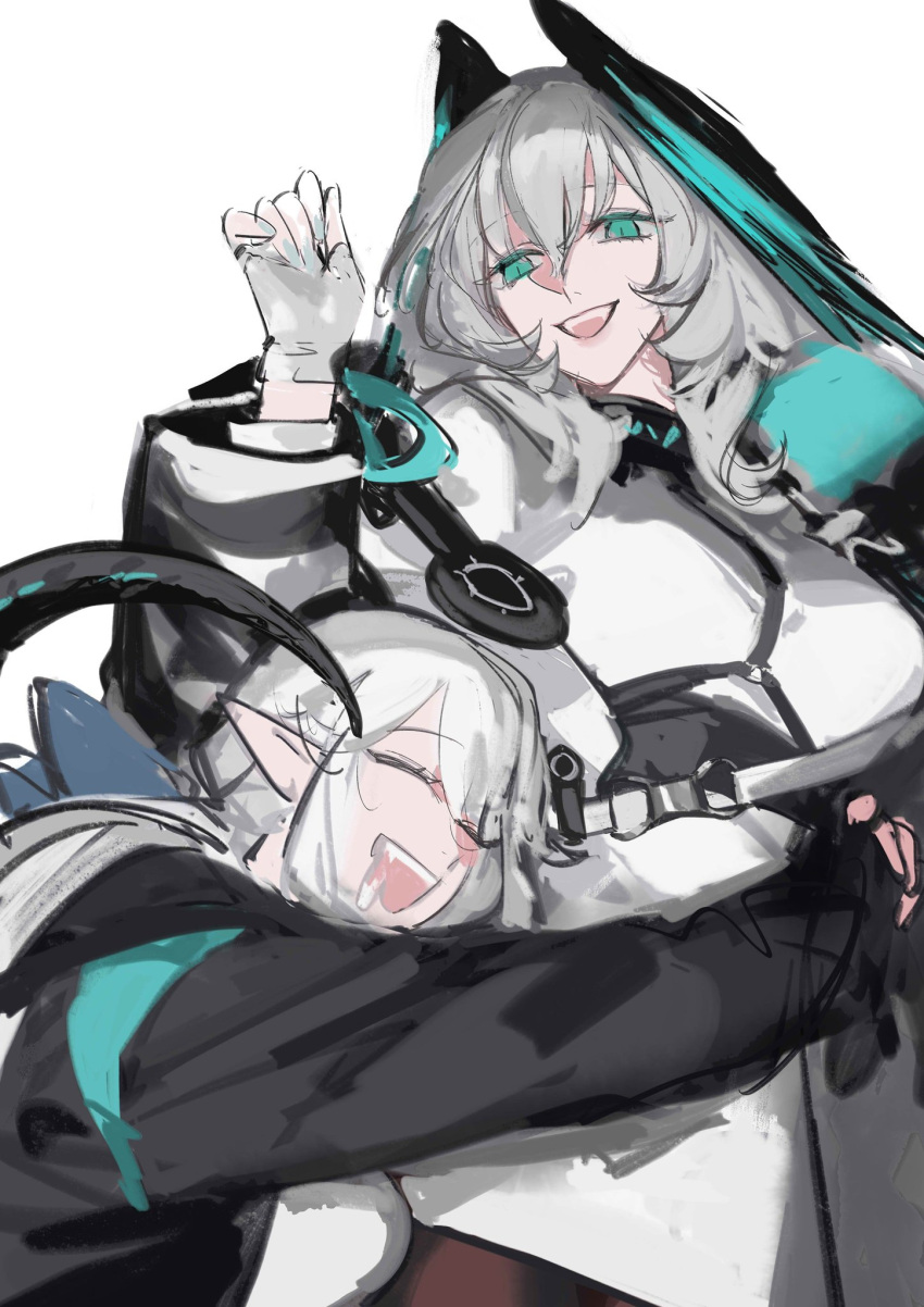 2girls aqua_eyes aqua_wings arknights belt between_breasts black_belt black_jacket black_pantyhose black_tail black_wings breasts closed_eyes coat cowboy_shot doctor_(arknights) dress drooling fangs feathered_wings female_doctor_(arknights) fingerless_gloves gloves grey_hair hair_between_eyes head_wings highres ho'olheyak_(arknights) huangjin_shizi hug infection_monitor_(arknights) jacket large_breasts long_sleeves looking_at_another low_ponytail mouth_drool multicolored_coat multiple_girls open_clothes open_coat open_jacket pantyhose pencil_dress pointy_ears short_dress short_hair sidelocks snake_girl snake_tail strap_between_breasts tail teeth two-tone_coat two-tone_wings unfinished upper_teeth_only white_background white_dress white_gloves white_hair wings
