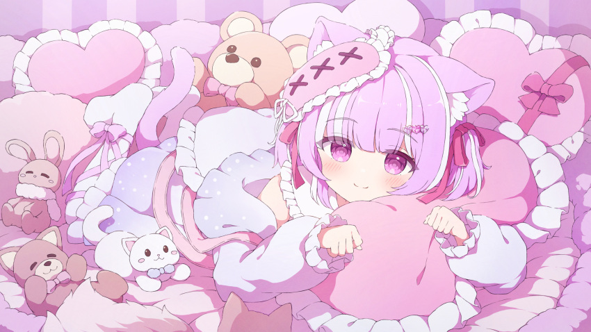 1girl animal_ears cat_ears cat_girl cat_tail closed_mouth commentary commission frilled_pillow frills heart heart_pillow highres looking_at_viewer on_bed original paw_pose pillow pink_eyes pink_hair skeb_commission sleep_mask sleepwear smile solo split_mouth stuffed_animal stuffed_toy tail teddy_bear tyakomes variant_set
