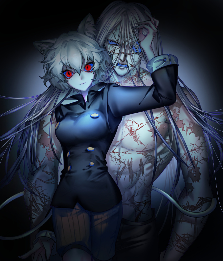 1boy 1girl abs animal_ears arm_at_side arms_at_sides black_background black_shirt blue_sclera breasts cat_ears cat_girl cat_tail clenched_teeth closed_mouth colored_sclera cowboy_shot genderswap genderswap_(otf) hair_between_eyes hair_over_face hand_up haneul_(csky) height_difference highres hunter_x_hunter kite_(hunter_x_hunter) korean_commentary large_breasts lazy_eye long_hair long_sleeves multiple_scars neferpitou red_eyes scar scar_on_arm scar_on_cheek scar_on_chest scar_on_face scar_on_nose scar_on_shoulder scar_on_stomach shirt shorts skin_tight smile spoilers spotlight tail teeth tight_clothes tight_shirt toned toned_male too_many_scars topless_male uneven_eyes very_long_hair