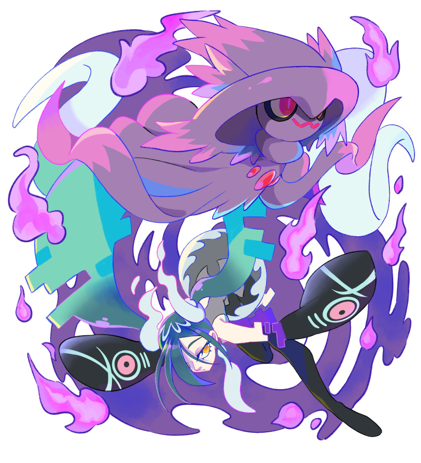 1girl absurdres aqua_hair black_thighhighs commentary detached_sleeves floating ghost ghost_miku_(project_voltage) glitch gradient_hair grey_shirt hair_over_one_eye hatsune_miku highres long_hair mismagius multicolored_hair necktie oe_(yamifuti) pokemon pokemon_(creature) project_voltage red_eyes shirt skirt sleeves_past_fingers sleeves_past_wrists thighhighs twintails very_long_hair vocaloid will-o'-the-wisp_(mythology) yellow_eyes
