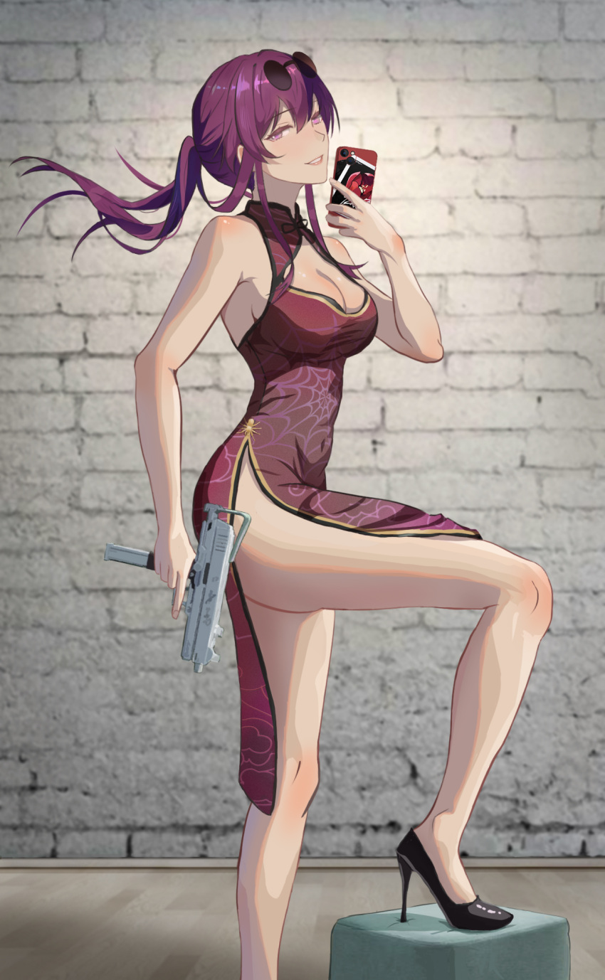 1girl against_wall bare_shoulders breasts cellphone chilling china_dress chinese_clothes cleavage dress gun high_heels highres holding holding_weapon honkai:_star_rail honkai_(series) kafka_(honkai:_star_rail) micro_uzi phone purple_eyes purple_hair selfie solo sunglasses thighs weapon