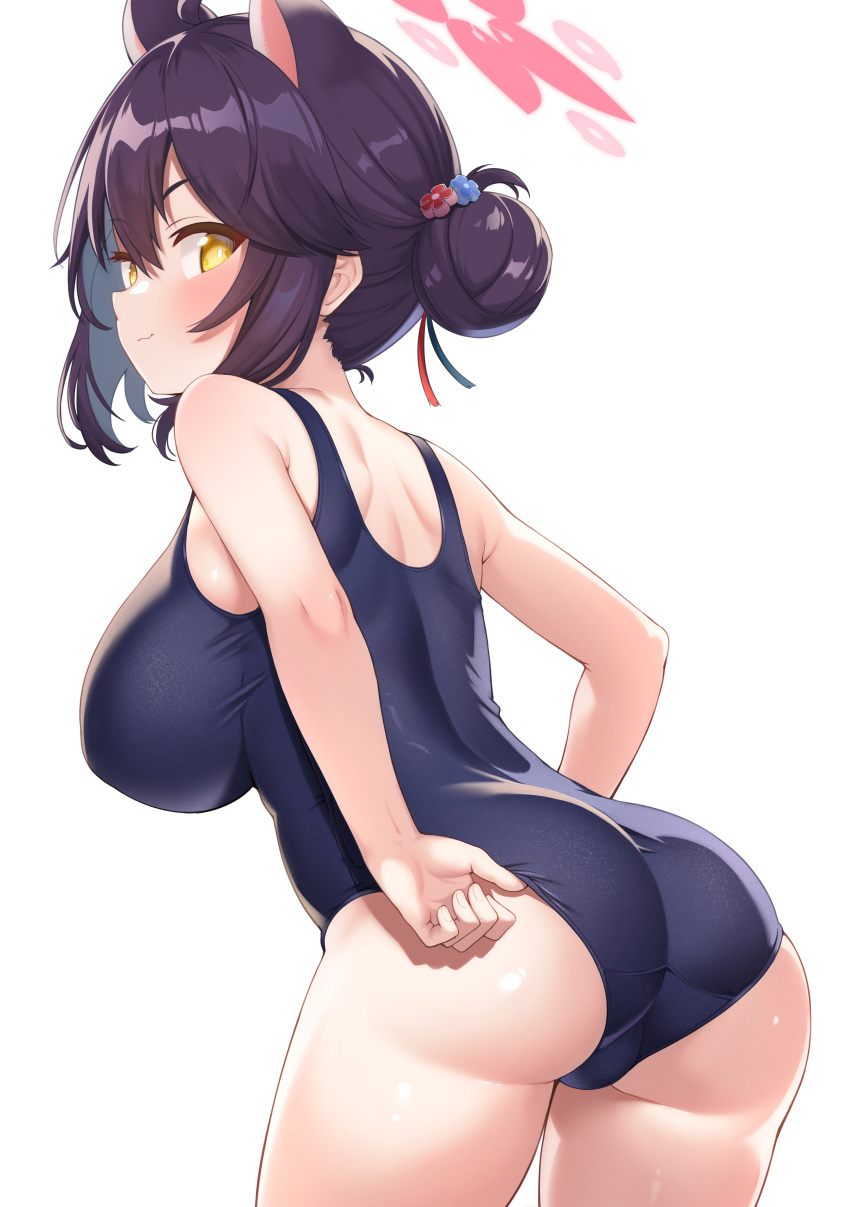 &gt;:) 1girl absurdres alternate_costume ass bare_arms bare_shoulders black_hair blue_archive blue_one-piece_swimsuit blush breasts closed_mouth cowboy_shot from_side hair_bun halo highres huge_breasts impossible_clothes impossible_swimsuit kaede_(blue_archive) looking_at_viewer looking_to_the_side one-piece_swimsuit pink_halo school_swimsuit simple_background single_side_bun smile solo sonao standing swimsuit v-shaped_eyebrows white_background yellow_eyes